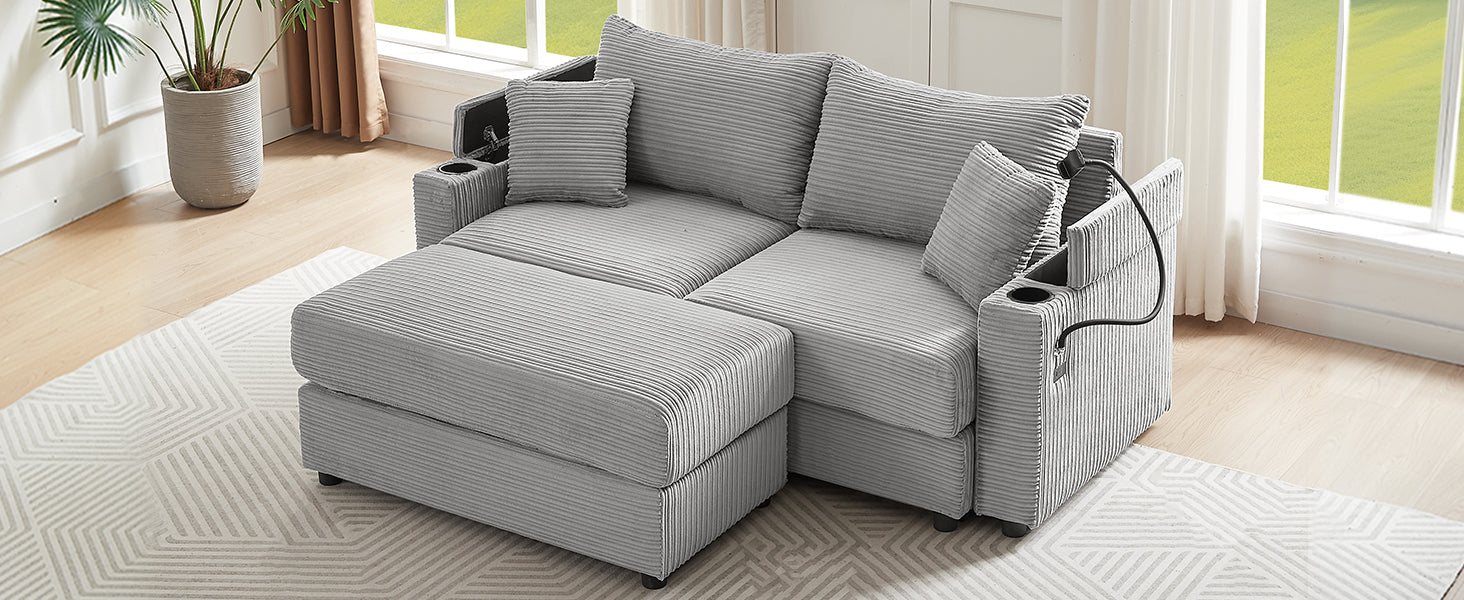 72.8" Modern Style Loveseat Sofa Sectional Sofa Couch With Storage Space, A Movable Ottoman, Two Usb Ports, Two Cup Holders, A Phone Holder For Living Room, Gray Gray Foam Corduroy 3 Seat