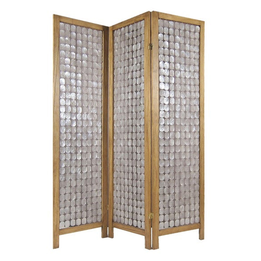 3 Panel Wooden Screen With Pearl Motif Accent, Brown And Silver Oak Silver Solid Wood