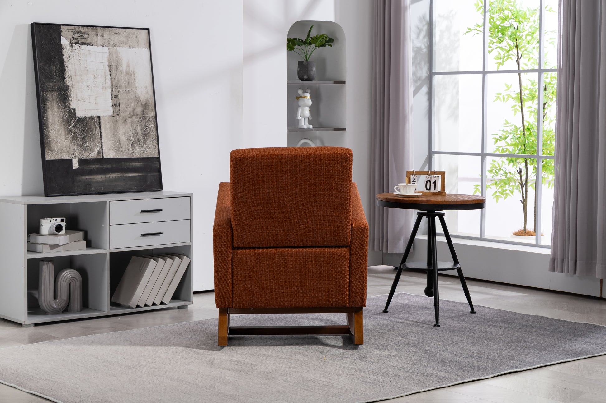 Mid Century Modern Accent Chair With Wood Frame, Upholstered Living Room Chairs With Waist Cushion, Reading Armchair For Bedroom Sunroom Brown Linen