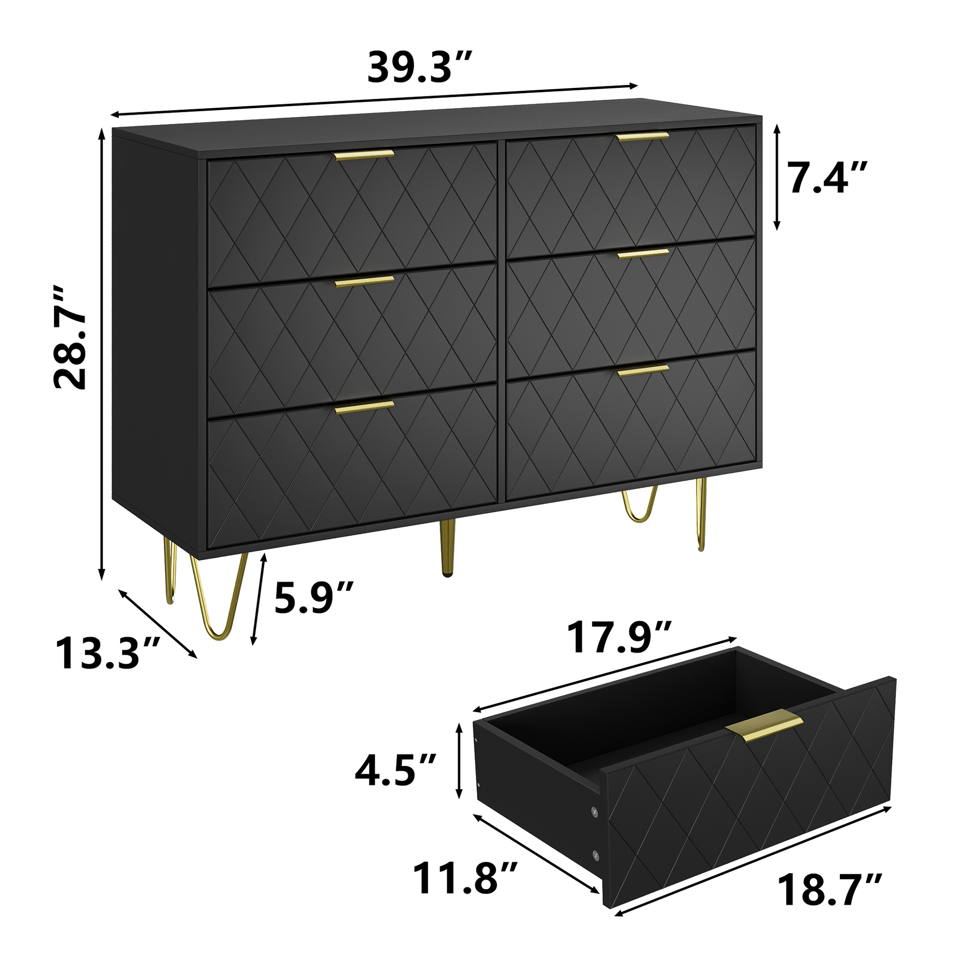 Modern Black 6 Drawers For Bedroom, Small Size Modern 6 Drawer Dresser, Wide Chest Of Drawers With Gold Handles, Wood Double Dresser Storage Cabinet For Living Room, Bedroom, Hallway Black Bedroom Mdf