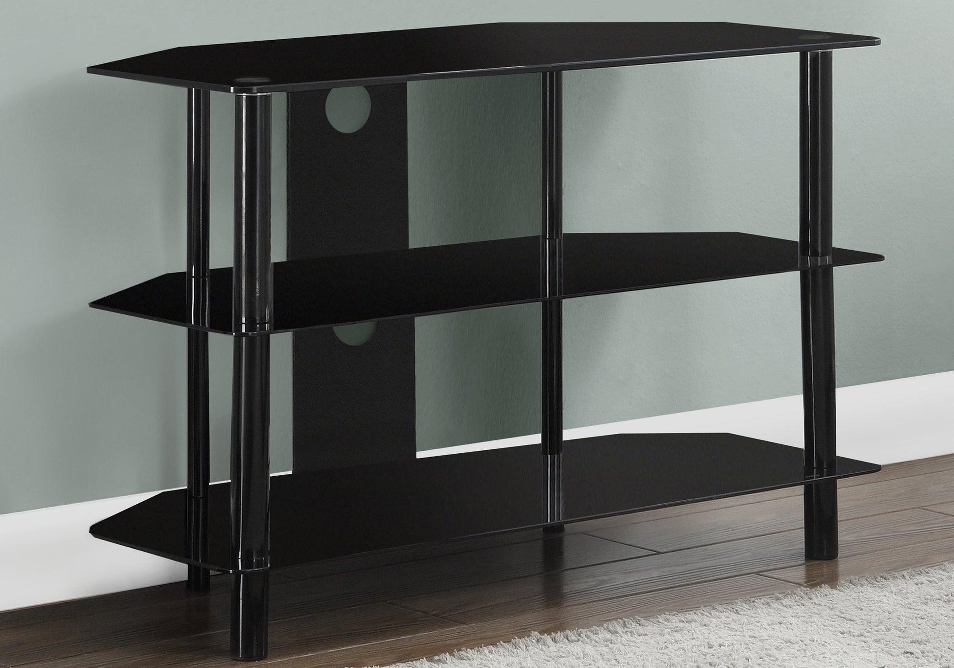 Tv Stand, 36 Inch, Console, Media Entertainment Center, Storage Shelves, Living Room, Bedroom, Black Metal, Clear Tempered Glass, Contemporary, Modern Black 80 89 Inches Metal