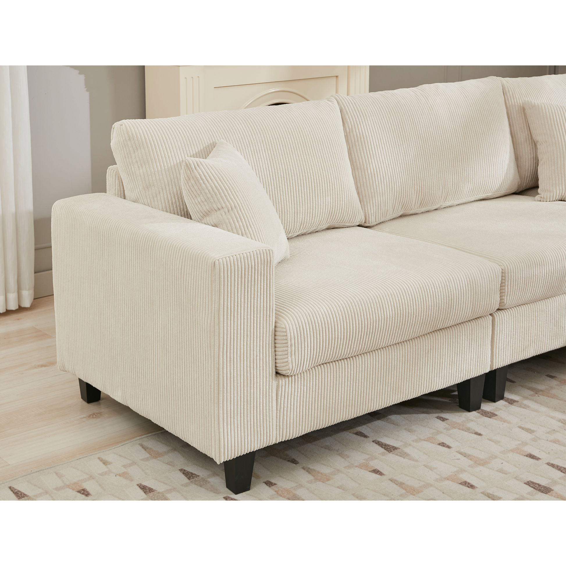 Packaging Upgrade Oversized Modular Sectional Sofa Set, L Shaped Couch,Corduroy ,Upholstered,Deep Seat,5 Seat,5 Throw Pillow And 6 Back Cushion,Living Room, Apartment ,Beige Beige Polyester Wood