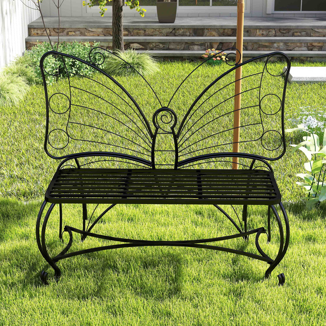 Butterfly Cast Metal Garden Bench, Outdoor Bench Patio Seat, Park Bench Outdoor Seating For Garden, Yard, Park, Entryway Black Garden & Outdoor 2 Person Seating Group Metal