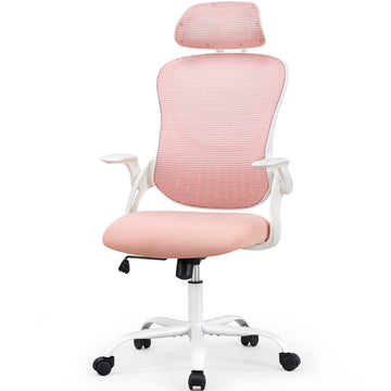 Office Chair, Comfortable Swivel Chair With High Back, Wheels, Adjustable Headrest, Comfortable Lumbar Support, Flip Arm, Pink Pink Stainless Steel