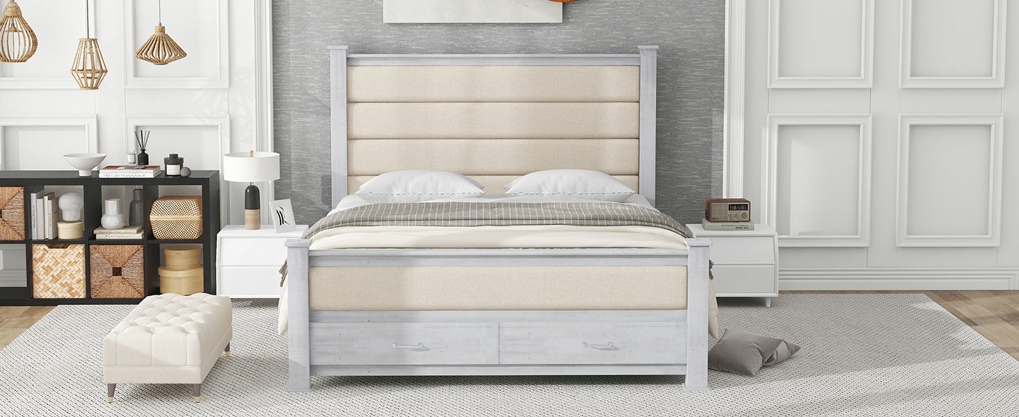 Queen Size Wood Frame Platform Bed With Upholstered Headboard, Footboard And 2 Drawers, Antique White Box Spring Not Required Queen Antique White Wood Bed Frame Solid Wood Mdf