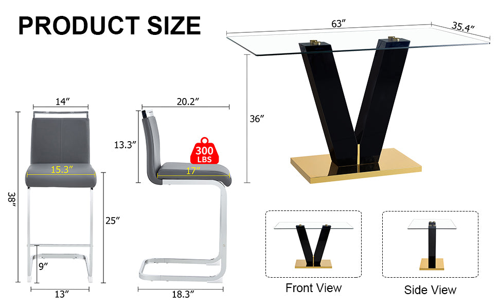 Table And Chair Set. A Rectangular Glass Dining Table With A 0.4 Inch Tempered Glass Tabletop And Mdf Board V Shaped Bracket, Paired With 2 Chairs Consisting Of Pu Seat Cushions And Silver Metal Legs. Black Gray Seats 2 Tempered Glass