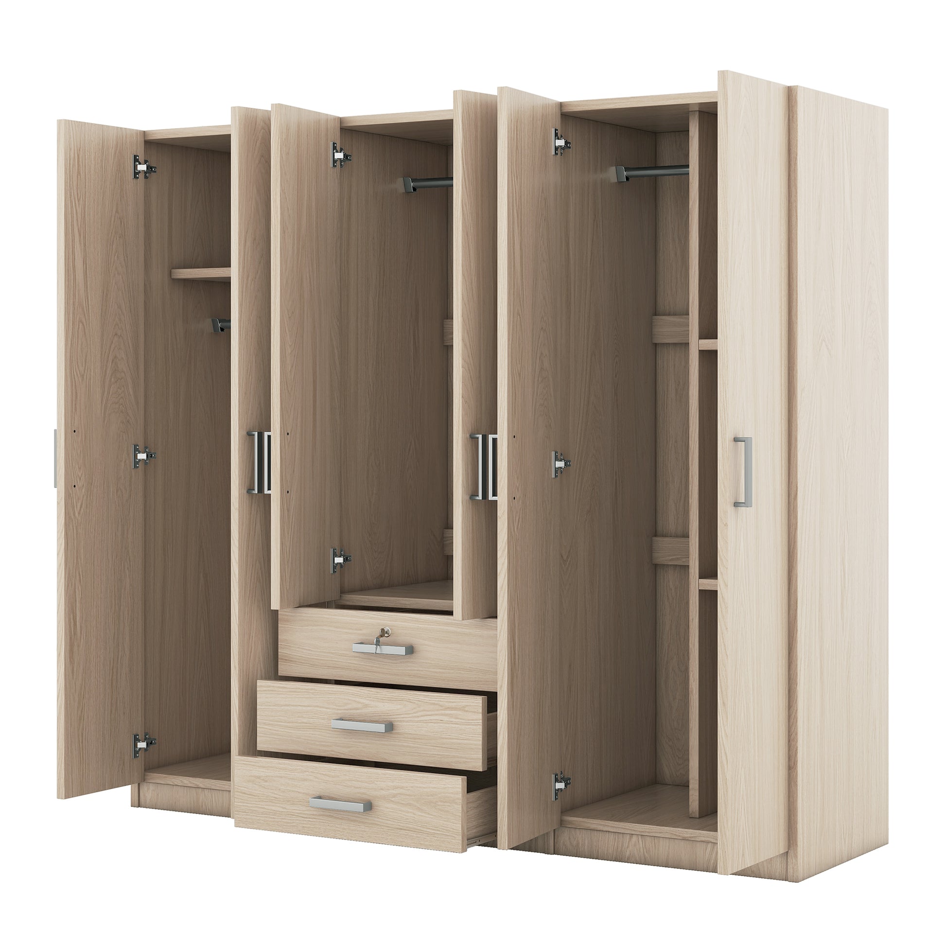 6 Doors Wooden Wardrobe Storage For Bedroom, With Big Drawers, Gray Brown Plywood