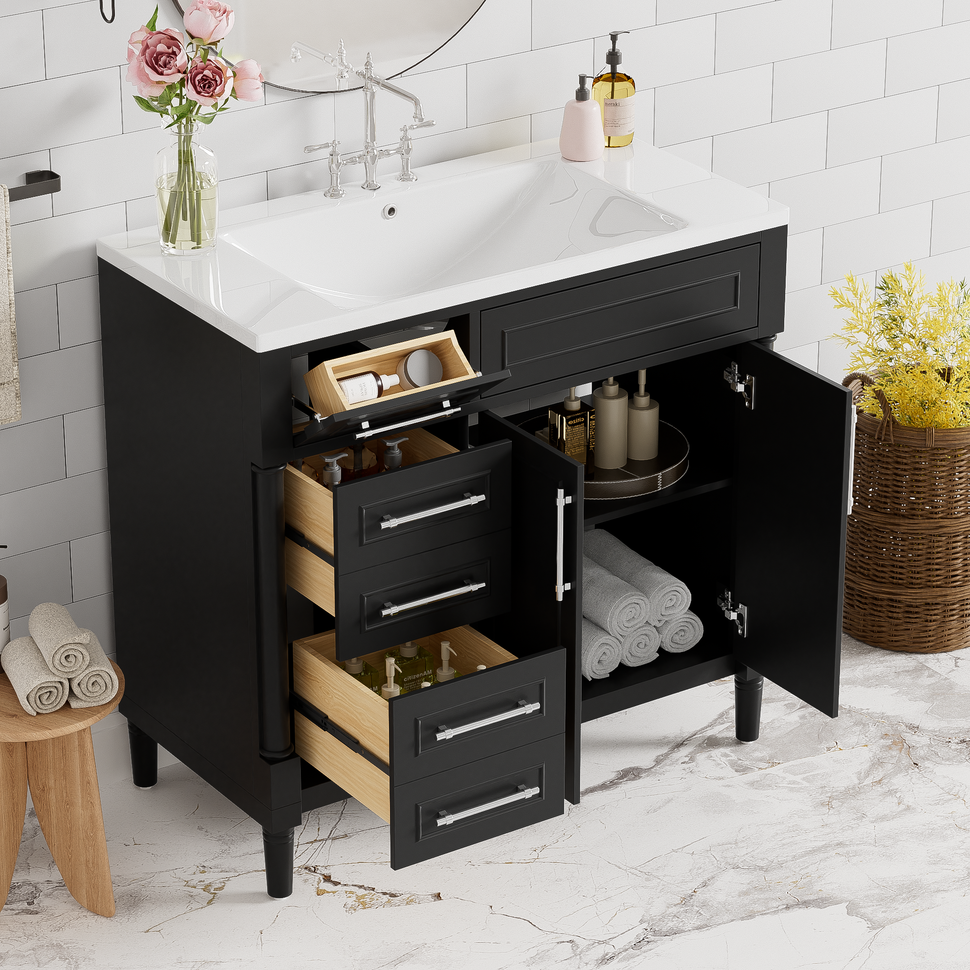 36'' Bathroom Vanity With Top Resin Sink, Freestanding Bathroom Storage Cabinet With 2 Drawers And A Tip Out Drawer, Solid Wood Frame Vanity Set, Height Adjustable Shelf 3 Black 2 2 Adjustable Shelves Bathroom Freestanding Solid Wood Mdf Resin Painted