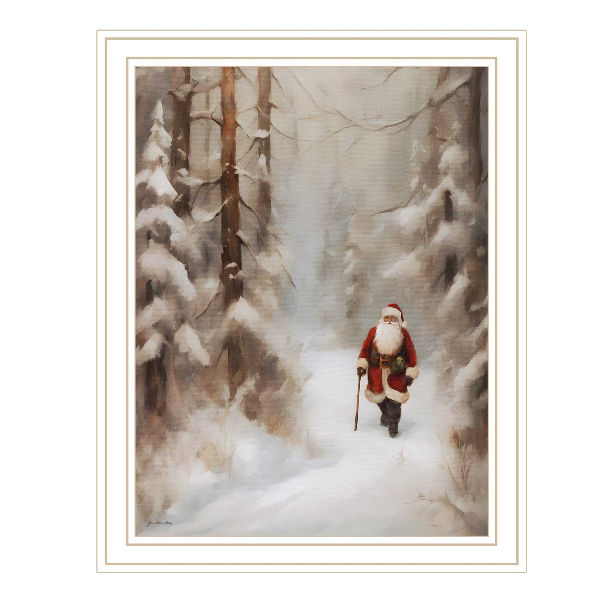 Santa'S Winter Stroll White Framed Wall Art For Living Room, Holiday Wall Art Print For Home Decor, Bedroom Wall Art By Jo Moulton Multicolor Wood Paper