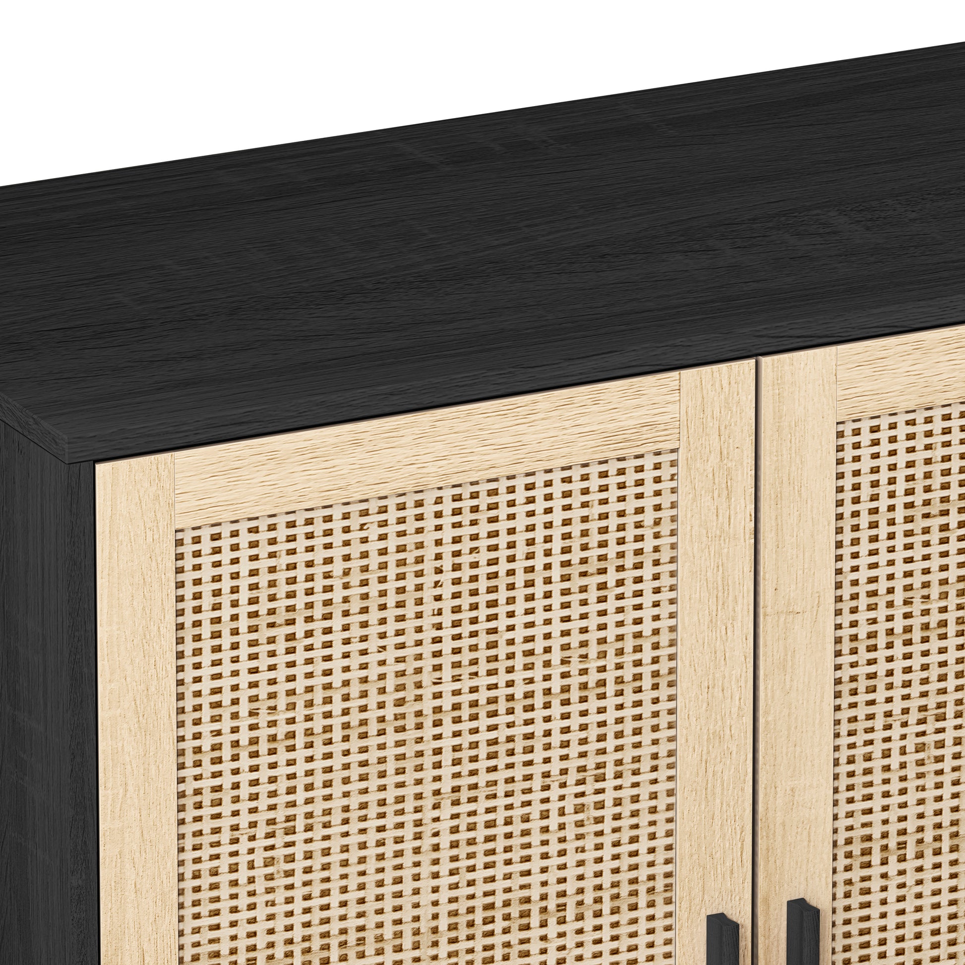 62.20"Elegant And Functional 4 Door Rattan Decorative Storage Cabinet,For Bedroom,Living Room,Office,Easy Assembly,Black Black Primary Living Space Particle Board