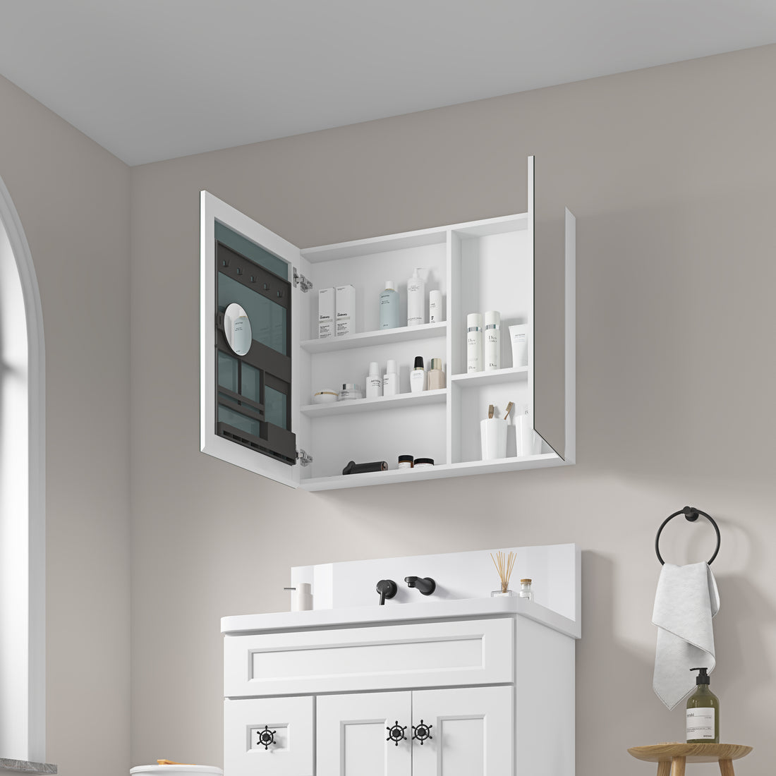 36'' W X 30'' H Surface Frameless Mirror Medicine Cabinet, Beveled Mirror Edges Bathroom Medicine Cabinet White Engineered Wood