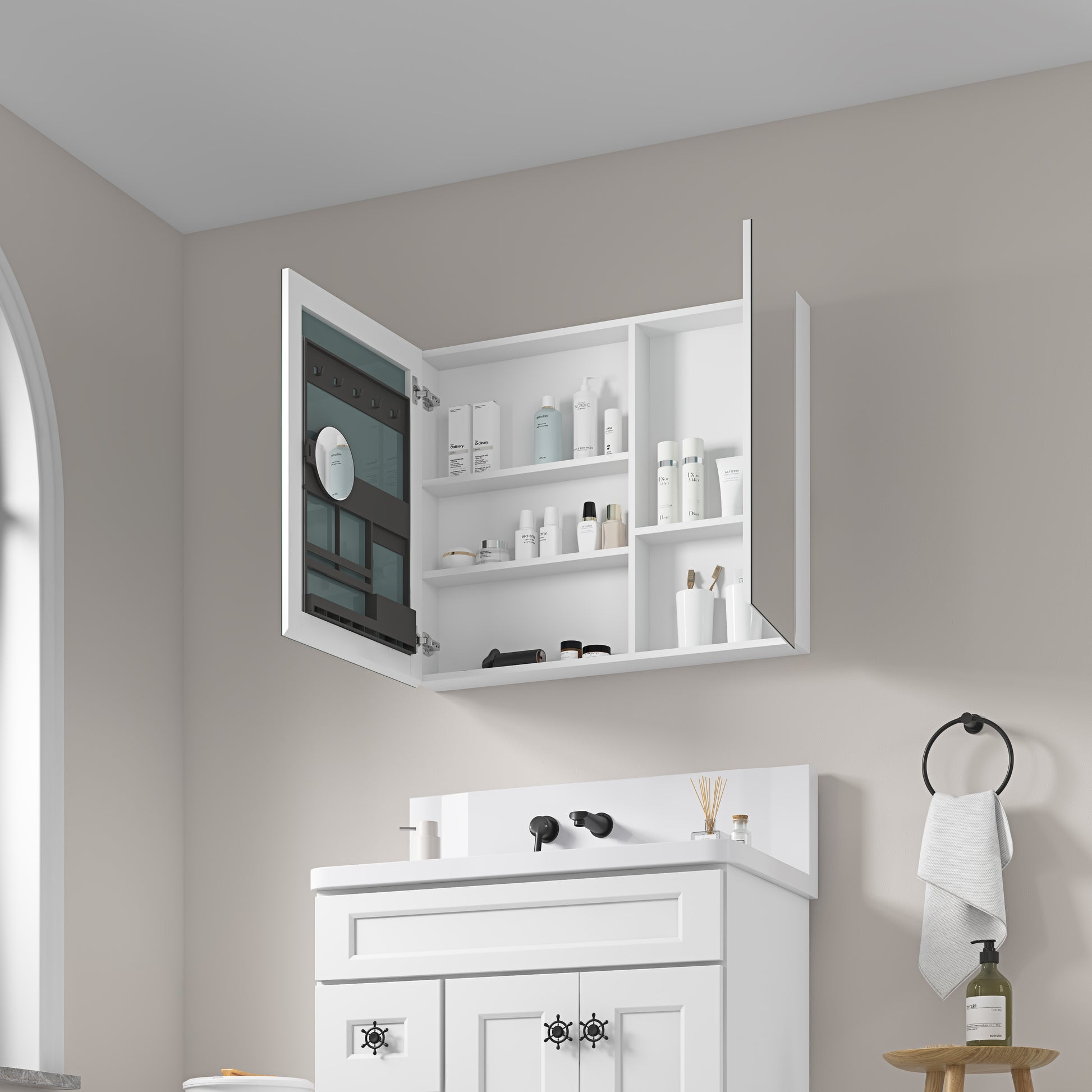 36'' W X 30'' H Surface Frameless Mirror Medicine Cabinet, Beveled Mirror Edges Bathroom Medicine Cabinet White Engineered Wood