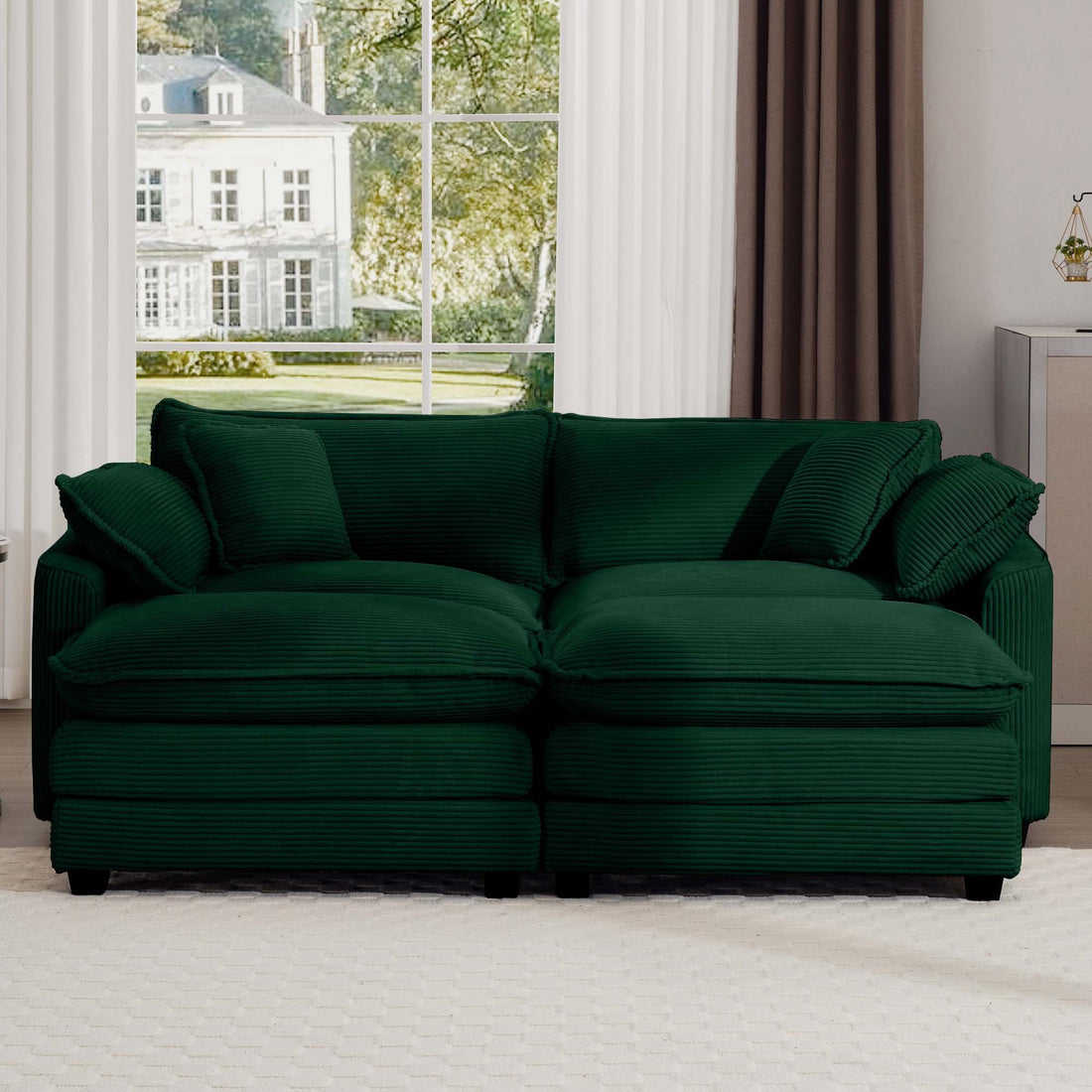 Corduroy Two Seater Sofa With 2 Footrest, 2 Seater Sofa With Ottoman For Small Living Spaces, Green Corduroy Sofa Green Corduroy 2 Seat