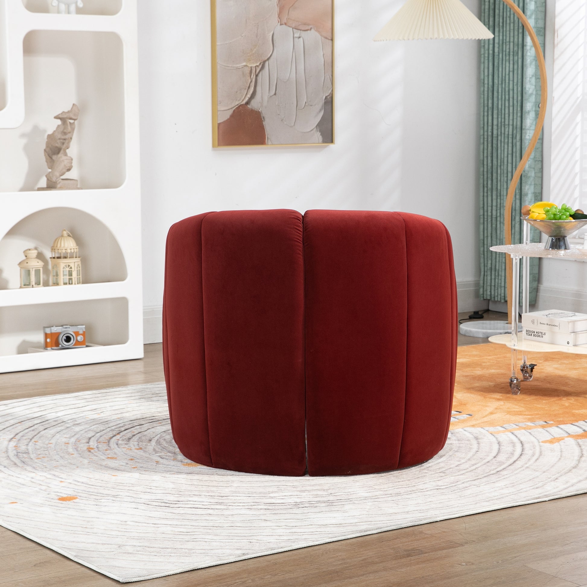 Coolmore Accent Chair With Ottoman, Mid Century Modern Barrel Chair Upholstered Club Tub Round Arms Chair For Living Room Bedroom Office Wine Red Velvet Wine Red Foam Velvet