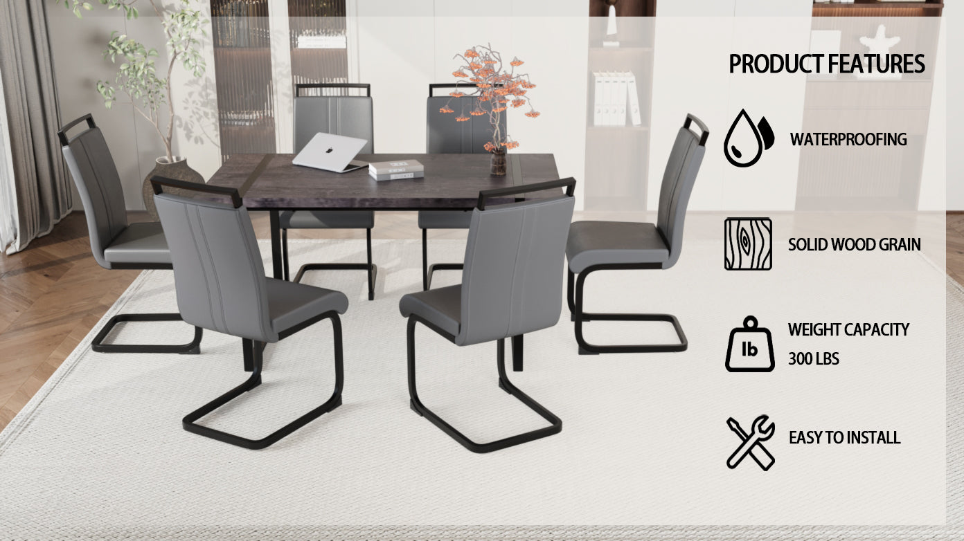 59 "Rural Industrial Rectangular Mdf Black Dining Table Set And Pu Armless Dining Chair Set, 6 Pieces. Kitchen Black Metal Table Leg Dining Chair Set Black Gray Mdf