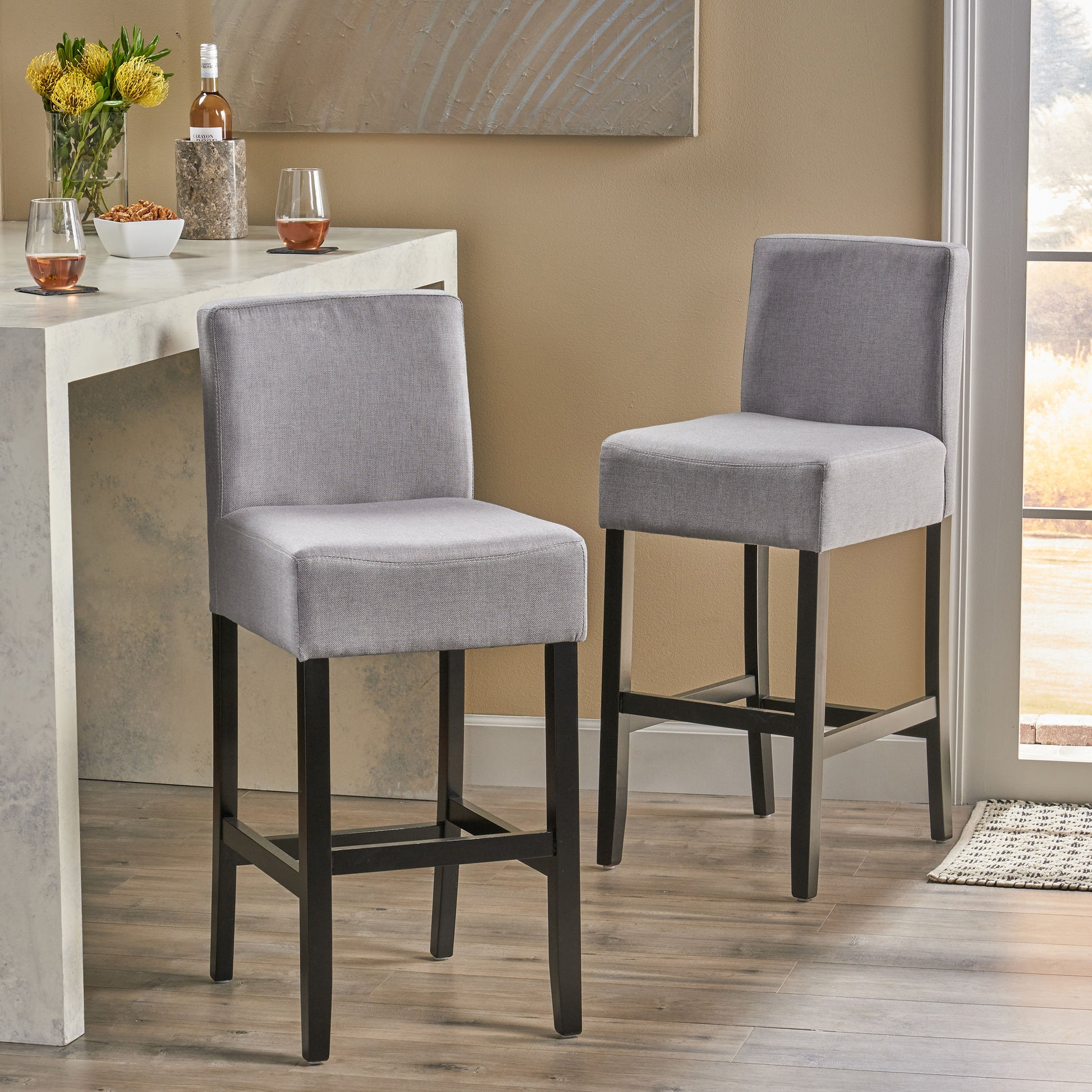 30 Inch Fabric Barstool With Solid Wood Frame Set Of 2 Light Grey Set Of 2 Fabric