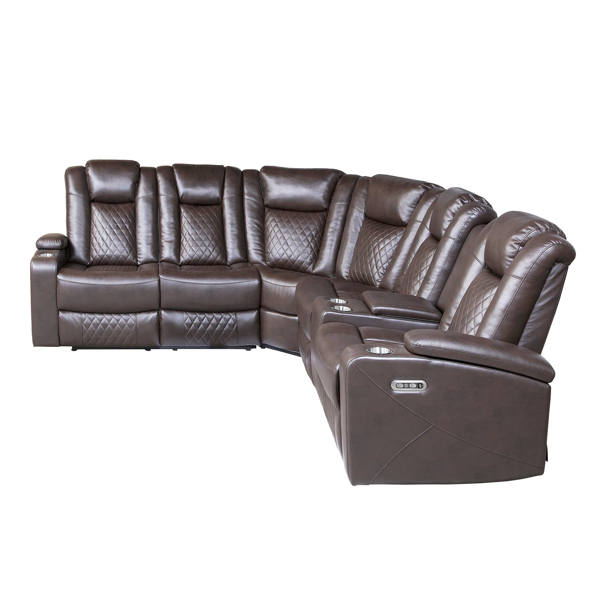 Luxury Living Room 3 Piece Power Reclining Sectional With Drop Down Cup Holders, Reading Lights, Console, Storage Arms With Cup Holders, Plush Seating, Premium Faux Leather Upholstery Dark Brown Faux Leather Wood Primary Living Space Luxury,Modern