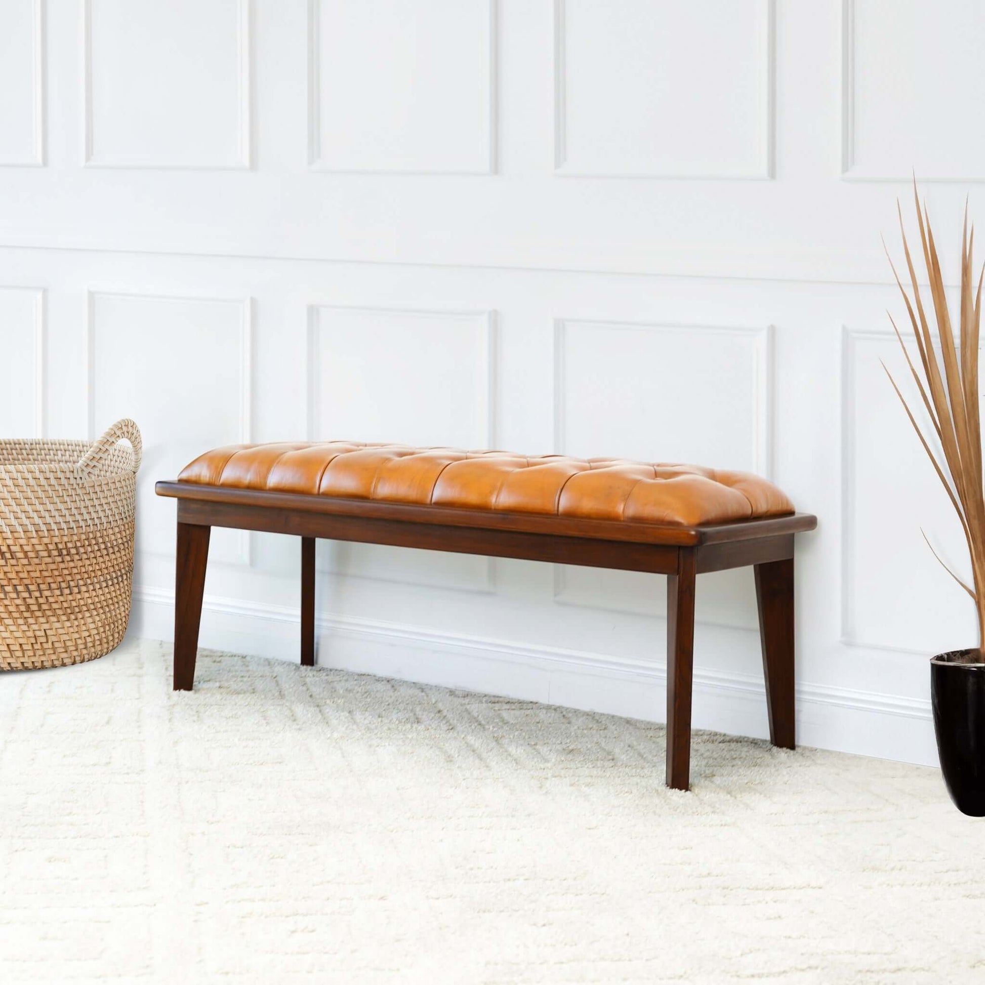 Arden Tan Leather Bench With Buttons Brown,Rustic,Tan Brown Genuine Leather Brown Mid Century Modern Foam Genuine Leather,Solid Wood