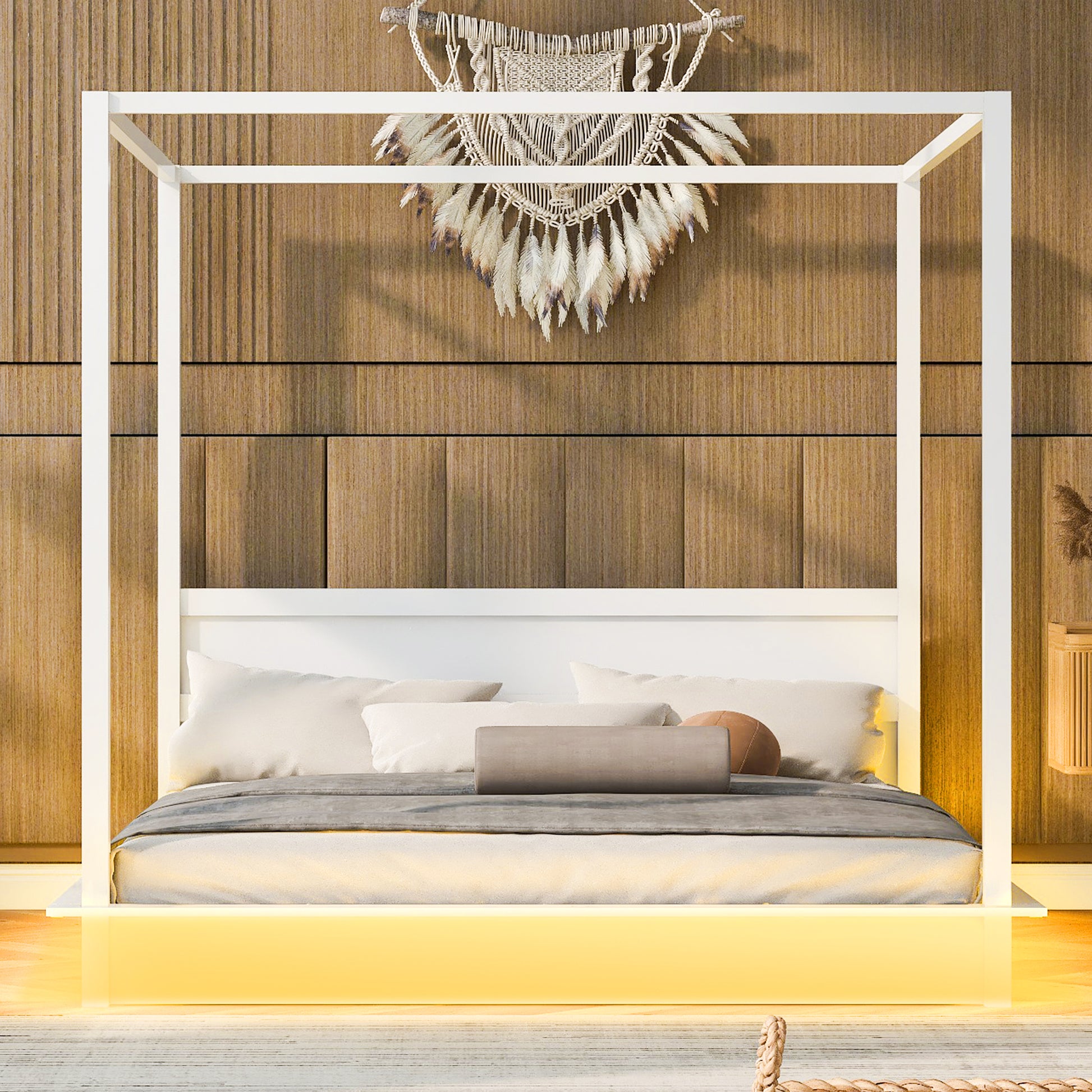 King Size Wood Led Canopy Bed ,Canopy Platform Bed With Support Slats, No Box Spring Needed, Whitekig King White Plywood