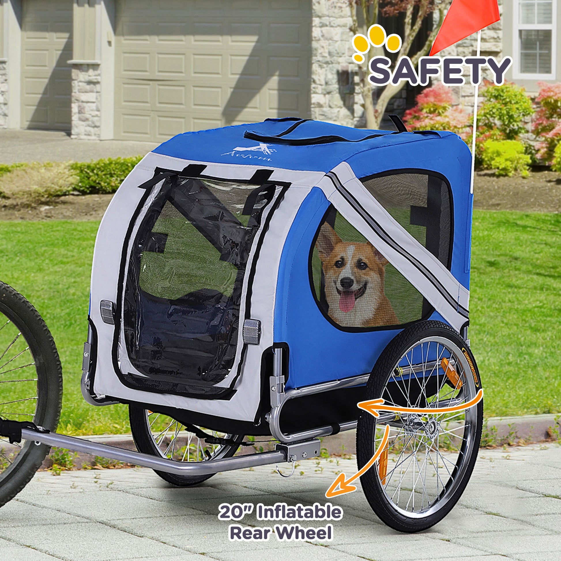 Aosom Dog Bike Trailer Pet Cart Bicycle Wagon Cargo Carrier Attachment For Travel With 3 Entrances Large Wheels For Off Road & Mesh Screen Light Blue White White Steel