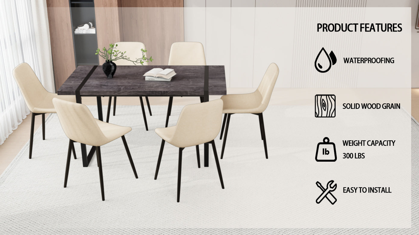 59" Mdf Black Dining Table And Modern Dining Chair 8 Piece Set, Medieval Wooden Kitchen Dining Table Set, Rectangular Metal Base, Dining Table And Suede Chair Beige Buy 6 Chairs And Get 2 Free Beige