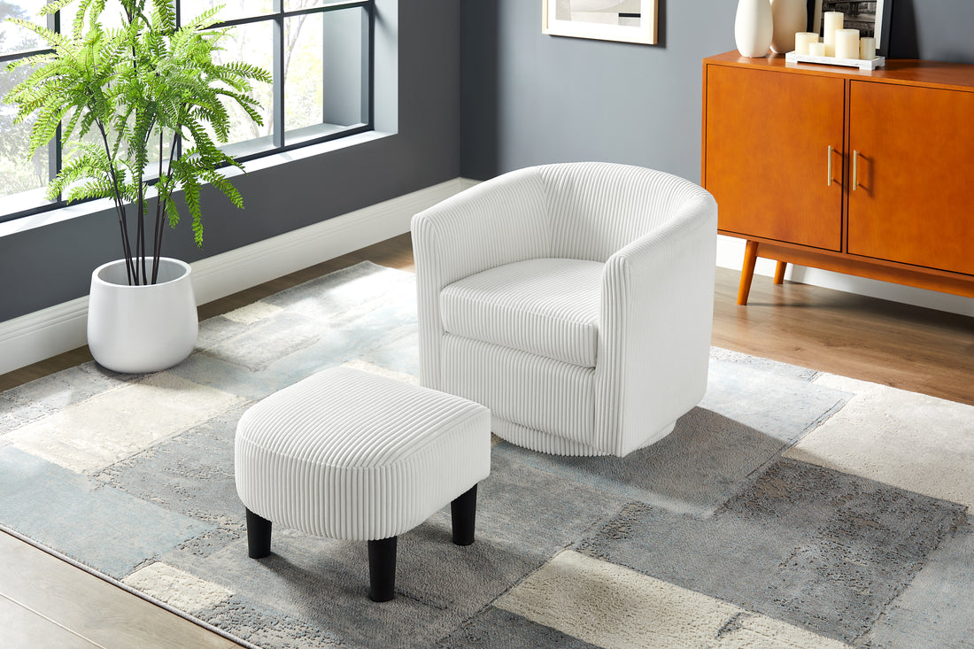 Swivel Accent Chair 360 Comfy Recliner Corduroy Arm Chair Single Sofa With Ottoman For Living Room Bedroom White Fabric