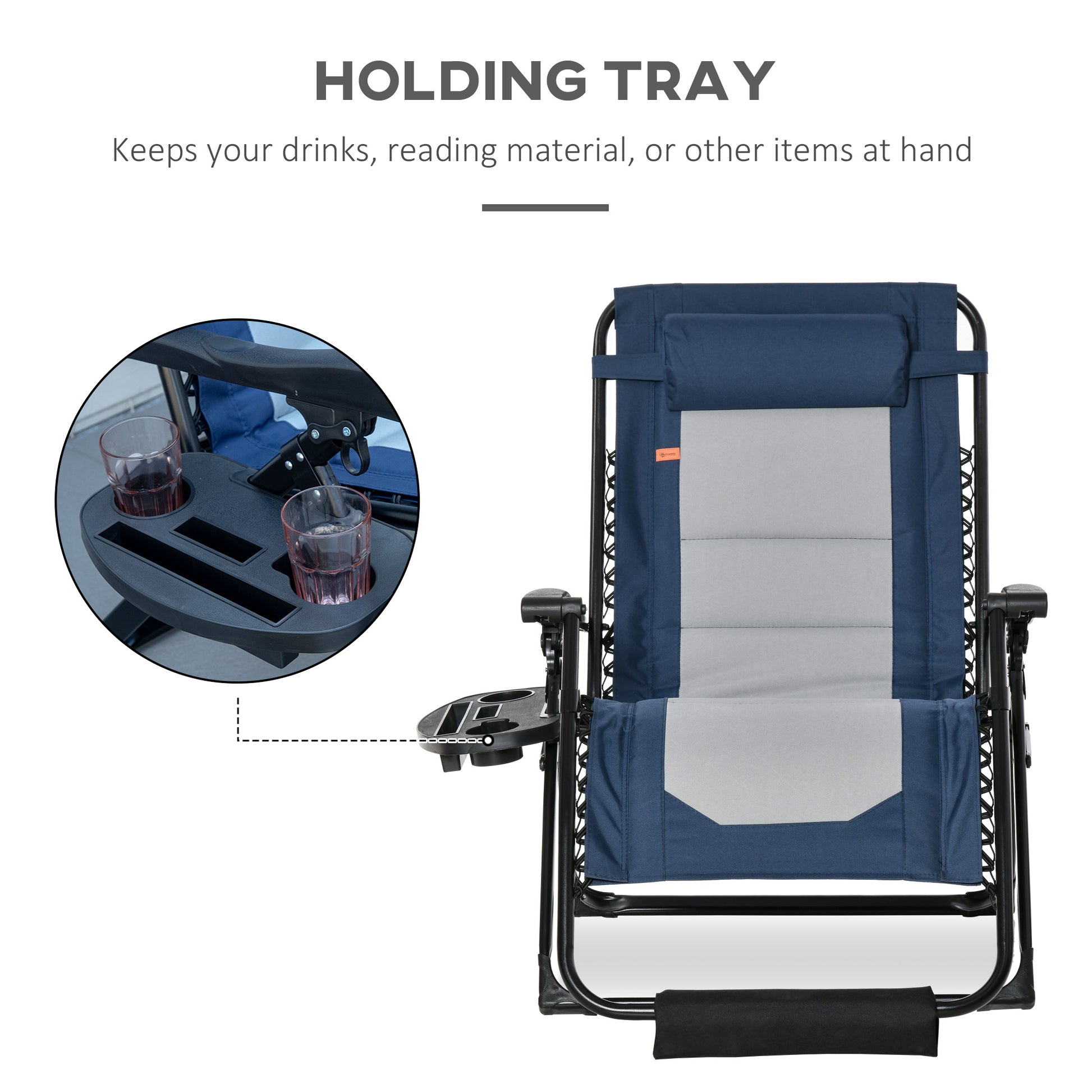 Outsunny Foldable Outdoor Lounge Chair With Footrest, Oversized Padded Zero Gravity Lounge Chair With Headrest, Side Tray, Cup Holders, Armrests For Camping, Lawn, Garden, Blue Blue Steel