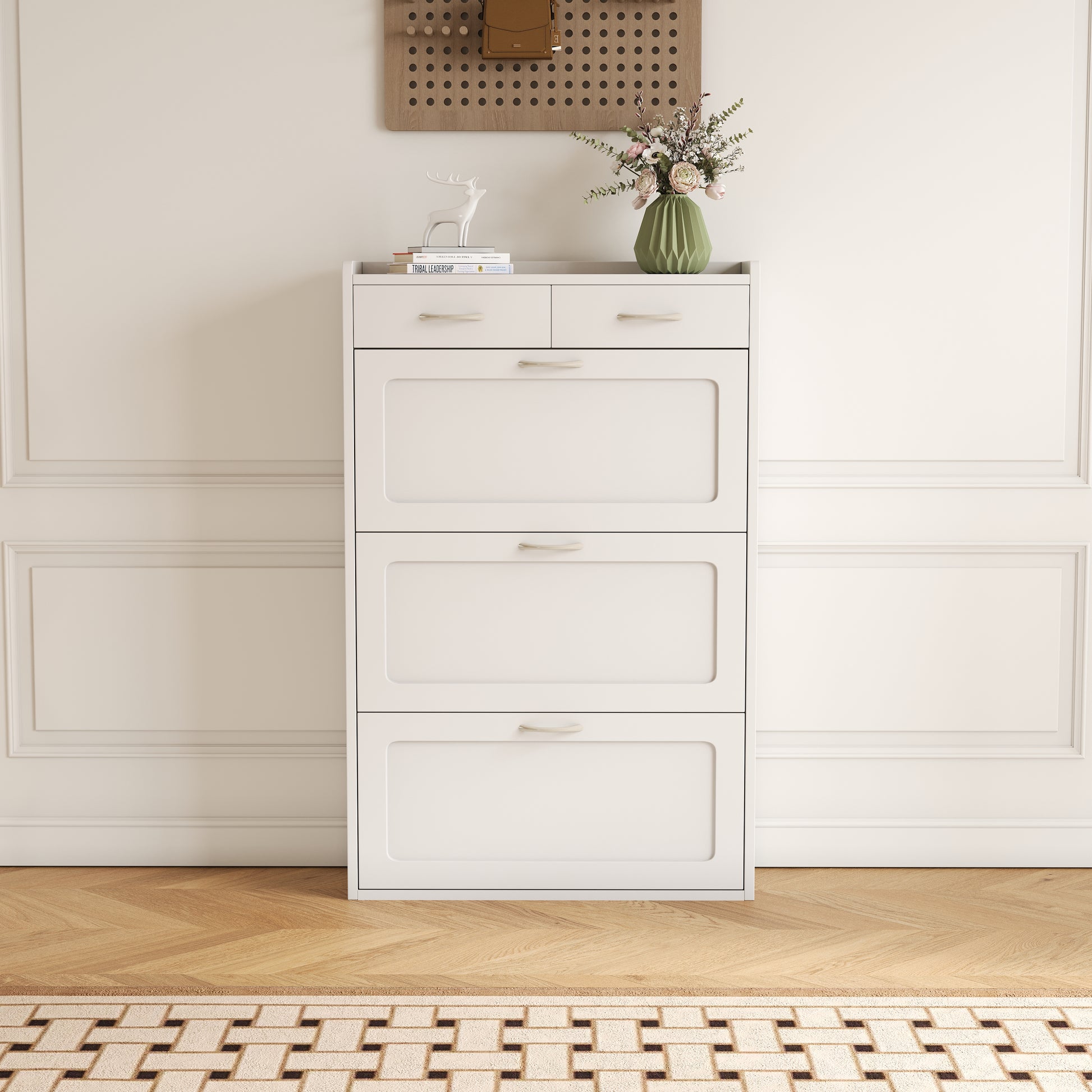 31.49 Inches Of White Solid Wood Shoe Cabinet, Three Layer Flip Bucket Shoe Storage Cabinet, Simple And Generous For A Variety Of Home Style White Solid Wood Shoe Cabinet White Mdf