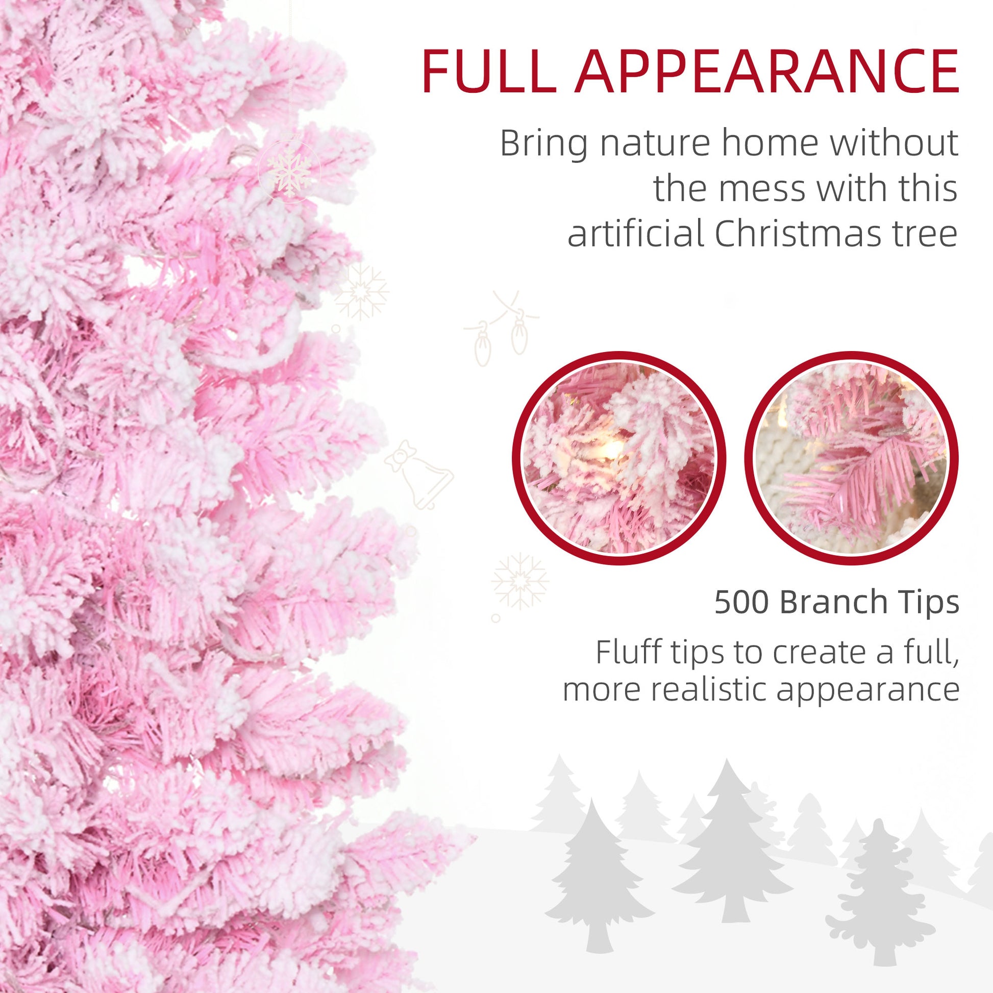 Homcom 6Ft Prelit Snow Flocked Artificial Christmas Tree With Pencil Shape, Pine Realistic Branches, Warm White Led Lights, Auto Open, Pink And White Pink Plastic