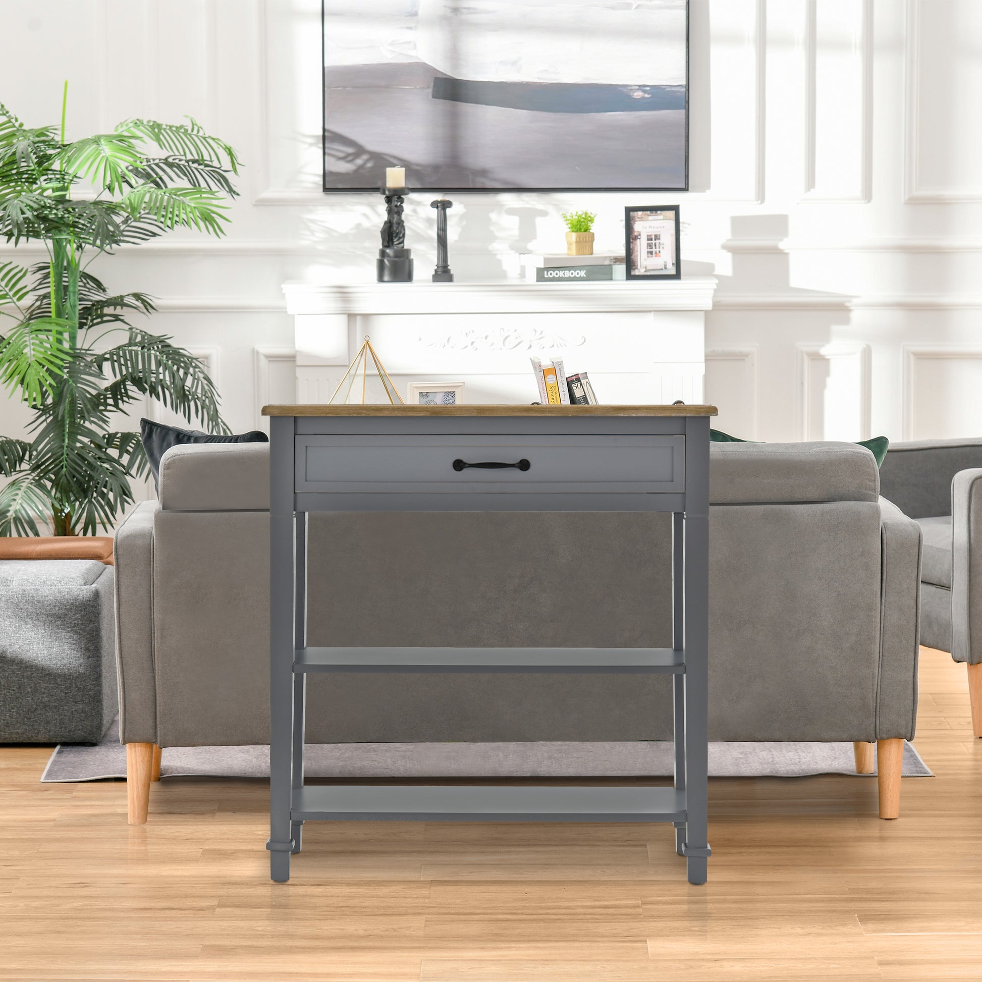 Homcom Modern Style Sofa Console Entry Hallway Table With Drawer And Shelves, Sturdy Build, And Large Storage, Grey Grey Mdf