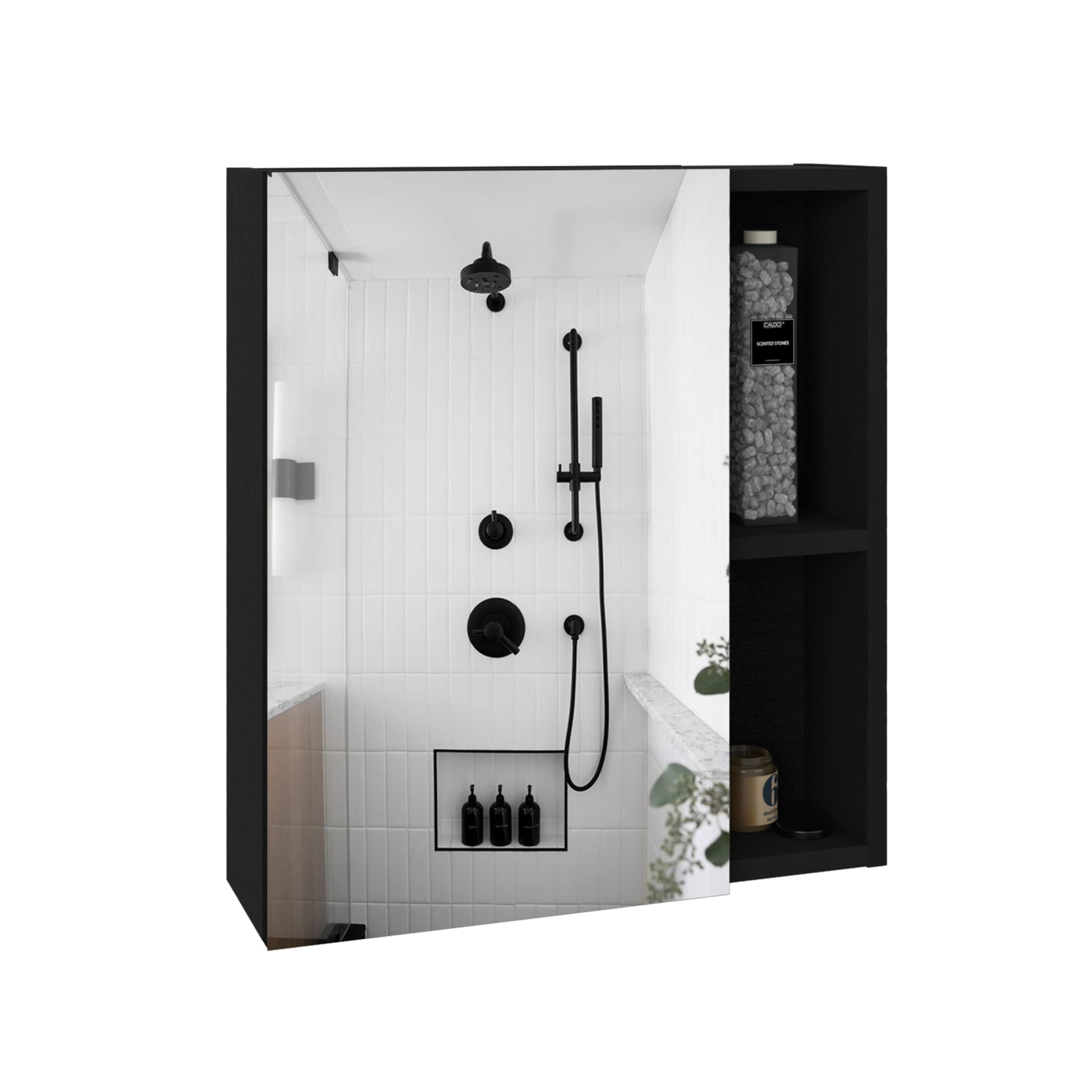 Medicine 19H" Single Door Cabinet With Mirror, Five Interior Shelves, Black Black Particle Board Particle Board