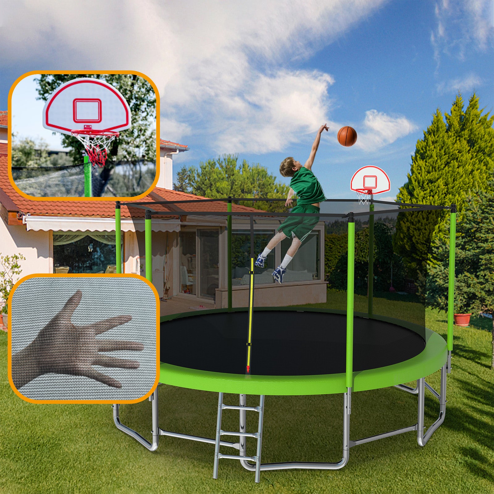 16Ft Trampoline With Balance Bar & Basketball Hoop&Ball, Astm Approved Reinforced Type Outdoor Trampoline With Enclosure Net Green Steel