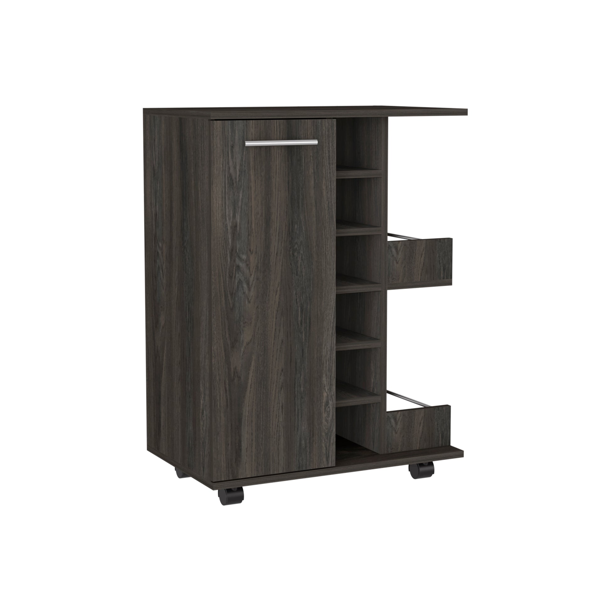 32" H Carbon Espresso Bar Coffee Cart, Cabinet Storage, With 4 Wheels, 1 Divided Storage With 1 Shelf, 1 Folding Door, A Central Vertical Division For 6 Bottles And 2 Side Shelves With Aluminum Front Brown Particle Board Particle Board