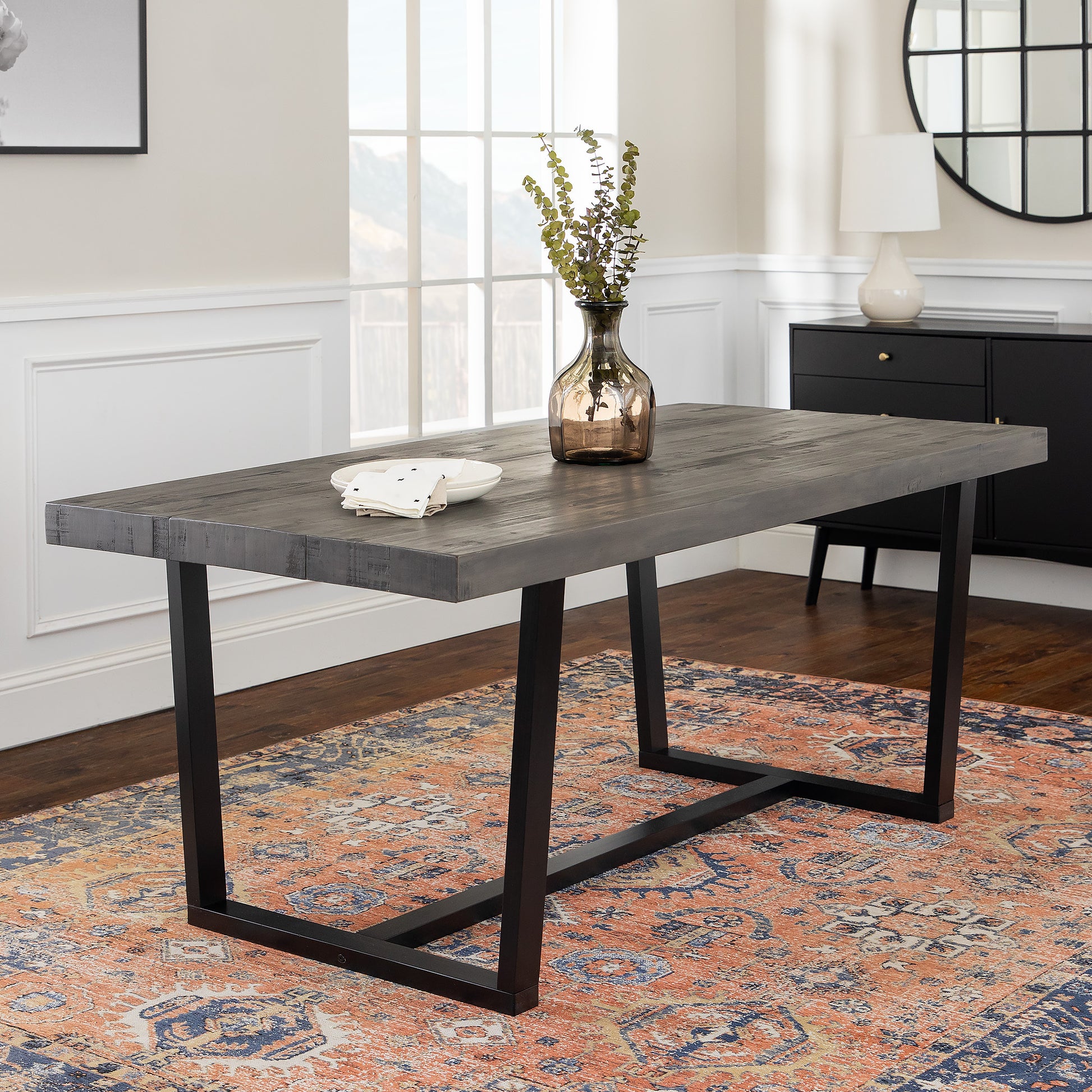 Modern Distressed Solid Wood And Metal Open Frame Dining Table Grey Gray Pine