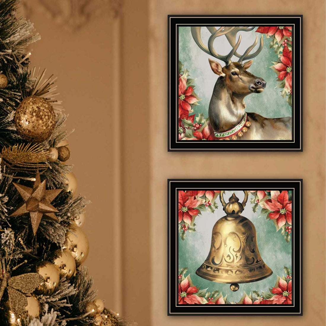 2 Piece Vignette Old World Reindeer & Bell Black Framed Wall Art For Living Room, Holiday Wall Art Print For Home Decor, Bedroom Wall Art By Nicole Decamp Multicolor Wood Paper
