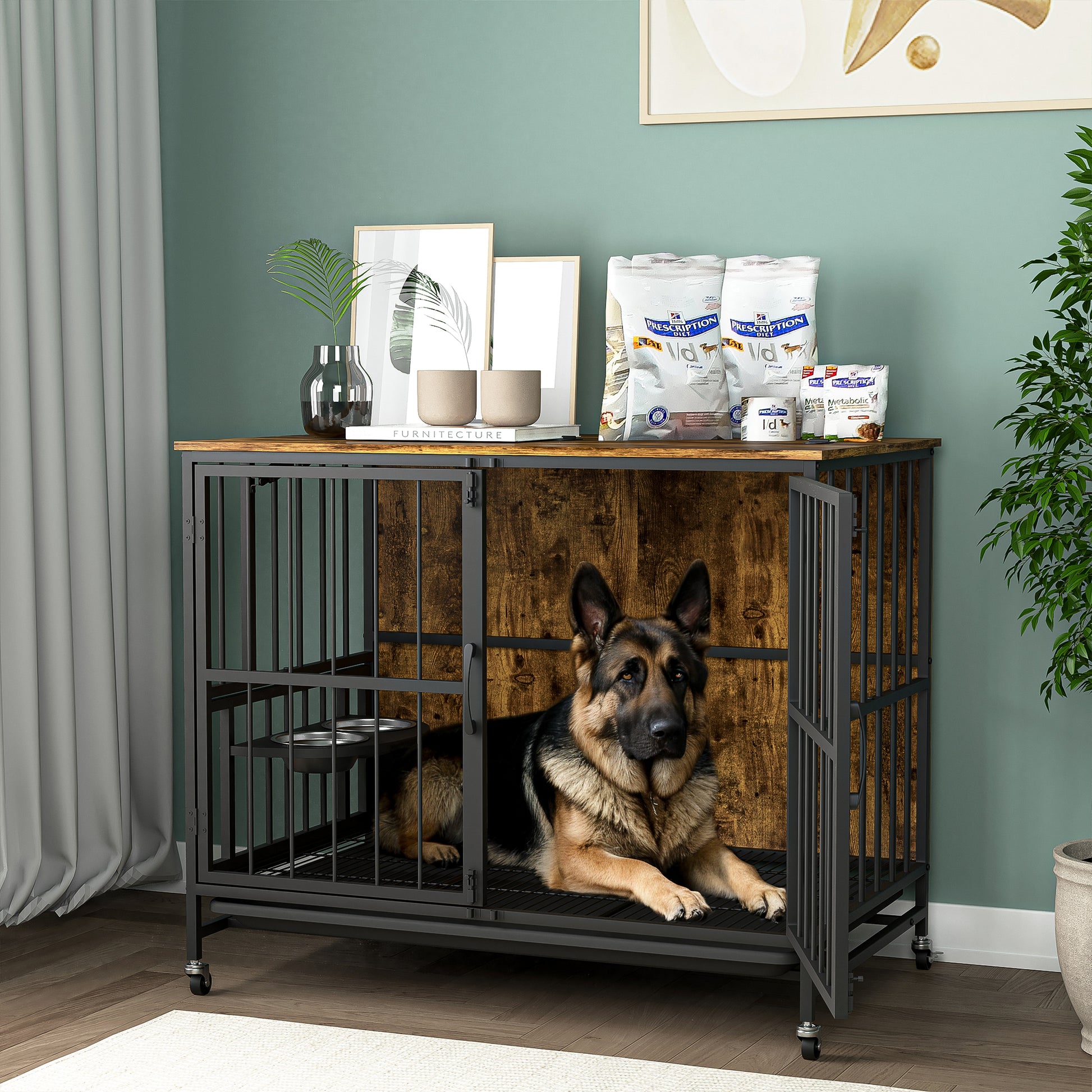 Modern Kennel Dogs Room Up To 80 Lb, Dog Crate Furniture With Multi Purpose Rremovable Ttray, Double Door Dog House, Lift Panel, 360 Degree Rotation 3 Height Adjustable Feeding Bowls Brown Antique Brown Mid Century Modern,Minimalist Dog Particle Board