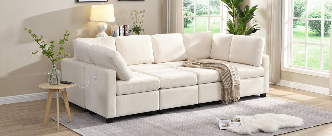 103" Sectional Sofa Couch Sofa Bed U Shaped Sofa With Two Movable Ottoman And Three Usb Ports For Living Room, Beige Beige Foam Chenille 6 Seat