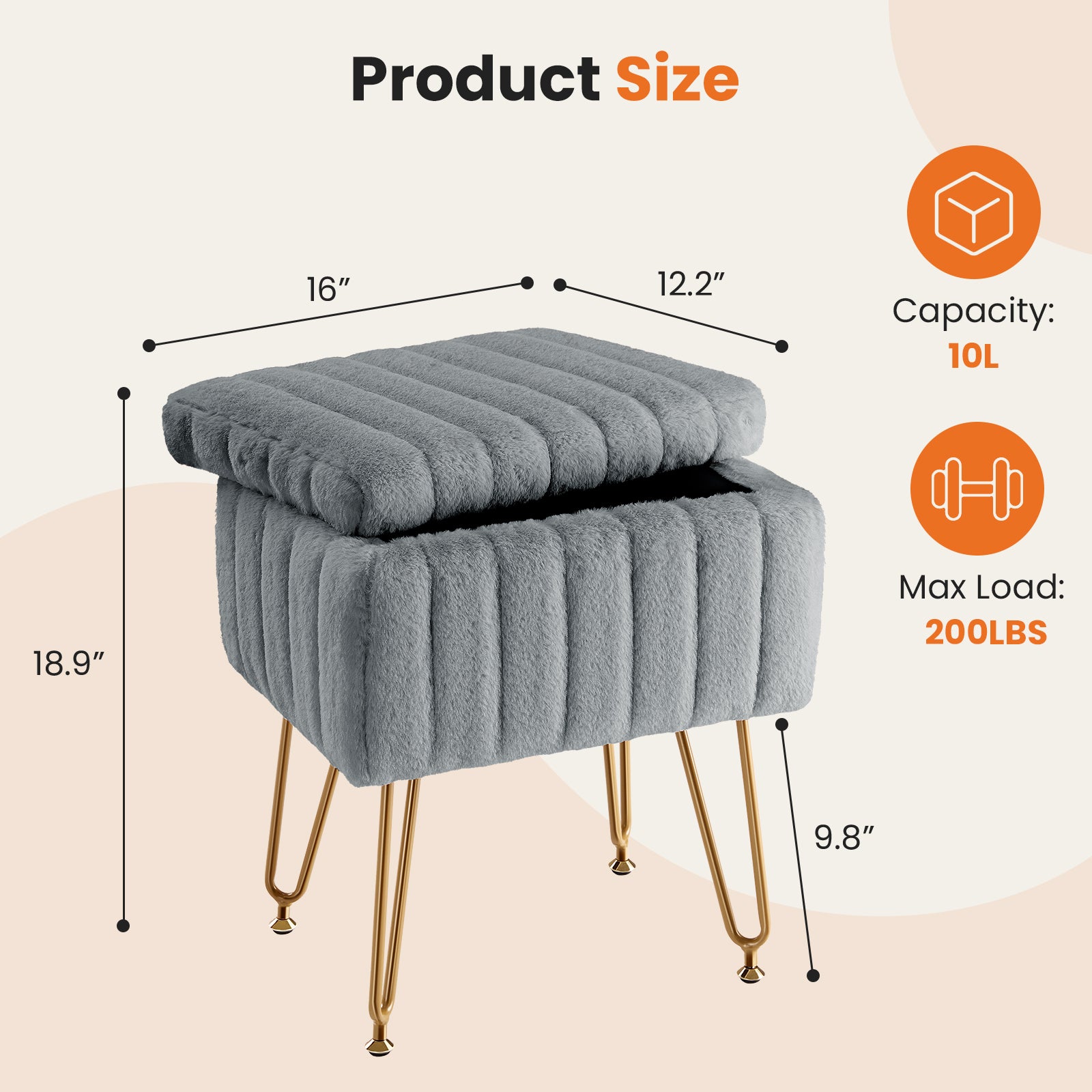 Vanity Stool Chair With Storage, Ottoman Faux Fur Soft Padded Makeup Footstools Seat With 4 Metal Legs Anti Slip Adjustable Feet Modern,Gray Gray Faux Fur