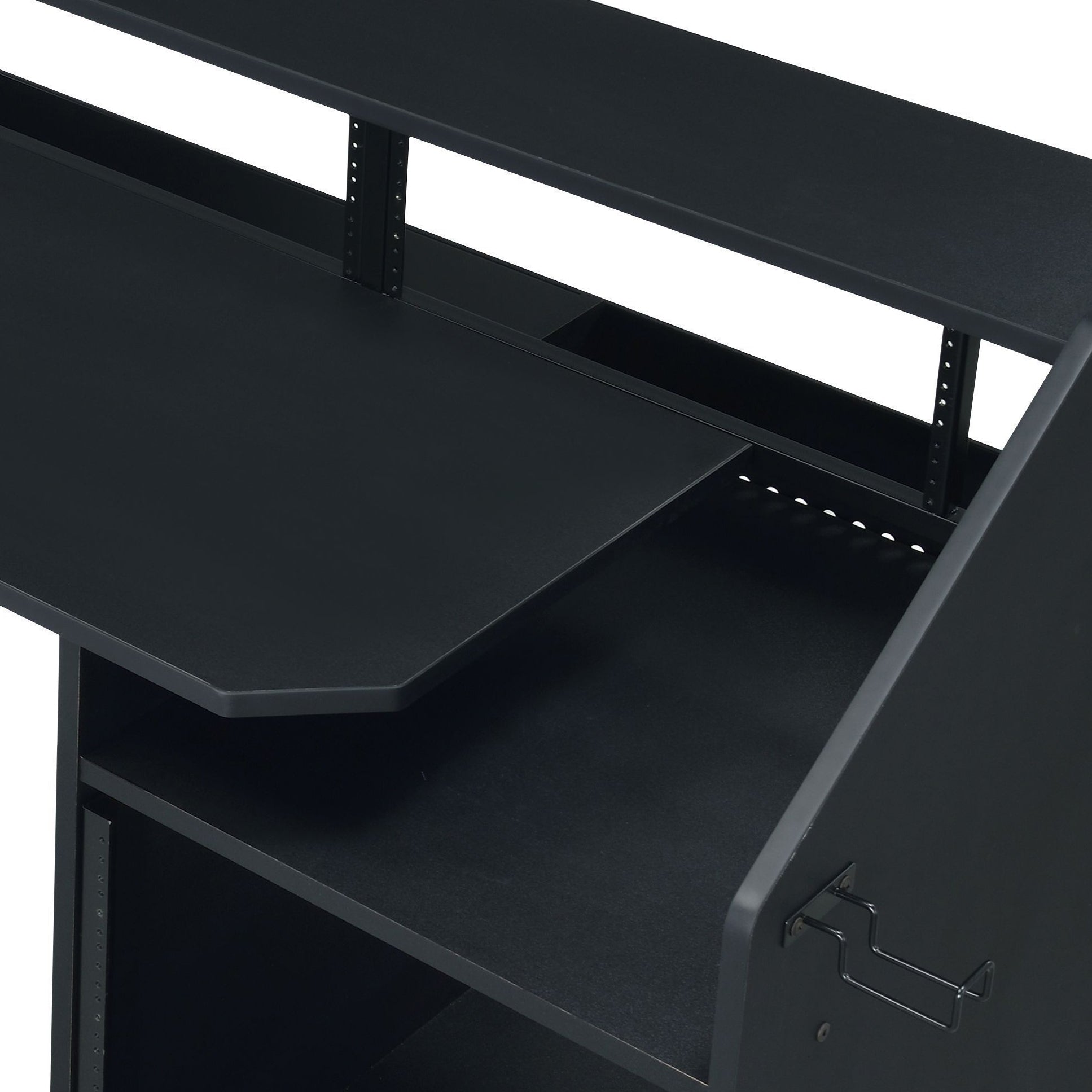 Black Music Desk With Earphone Rack Black Keyboard Tray Computer Desk Office Freestanding Rectangular Shelves Wood Metal Sled