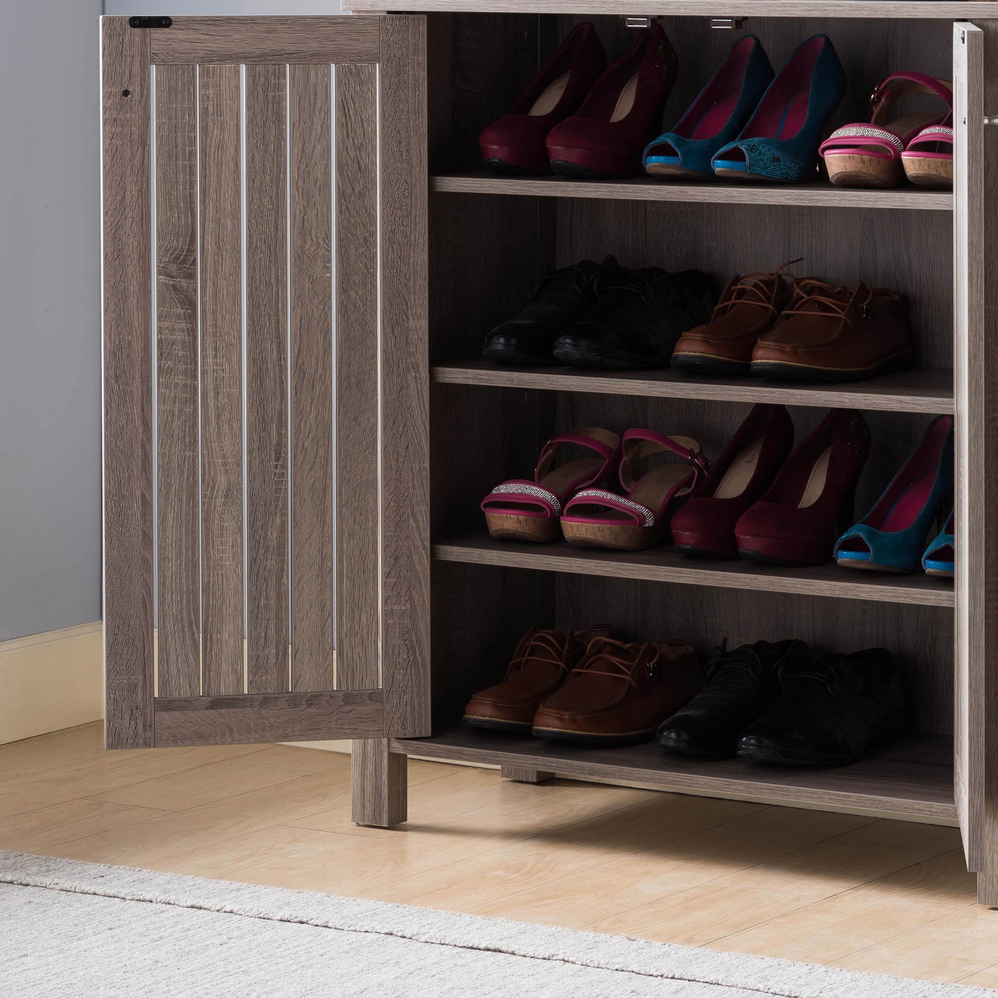 Shoe Cabinet Storage Cabinet Entryway Cabinet With Two Doors Slat Style Vented Doors Metal Knob Handle Four Shelves Dark Taupe Color Taupe Particle Board Mdf