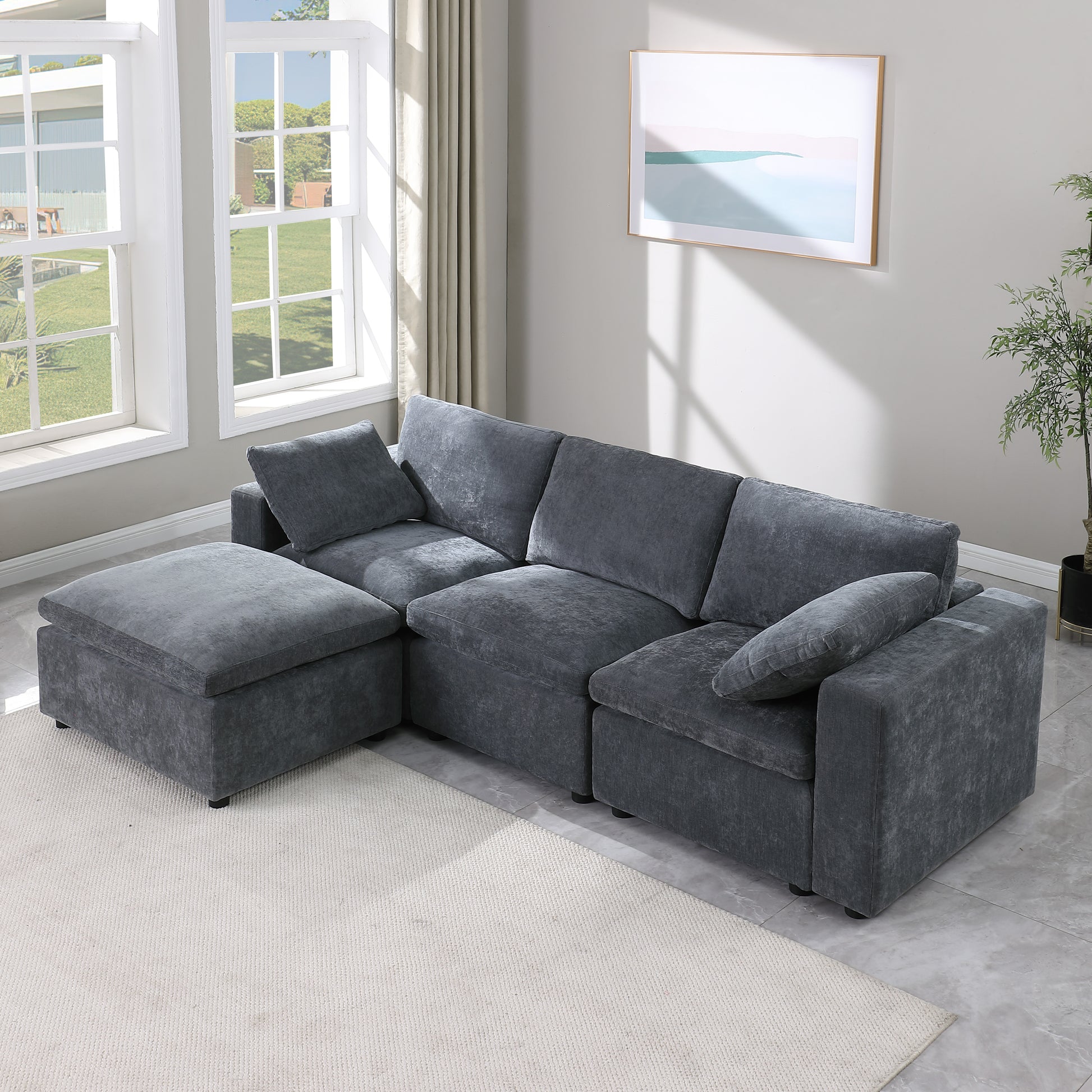 Modular Sectional Sofa, Convertible Sofa Couch, Modular Sectionals With Ottomans, 4Seat Sofa Couch With Reversible Chaise For Living Room. Chenille Grey Grey Fabric 4 Seat