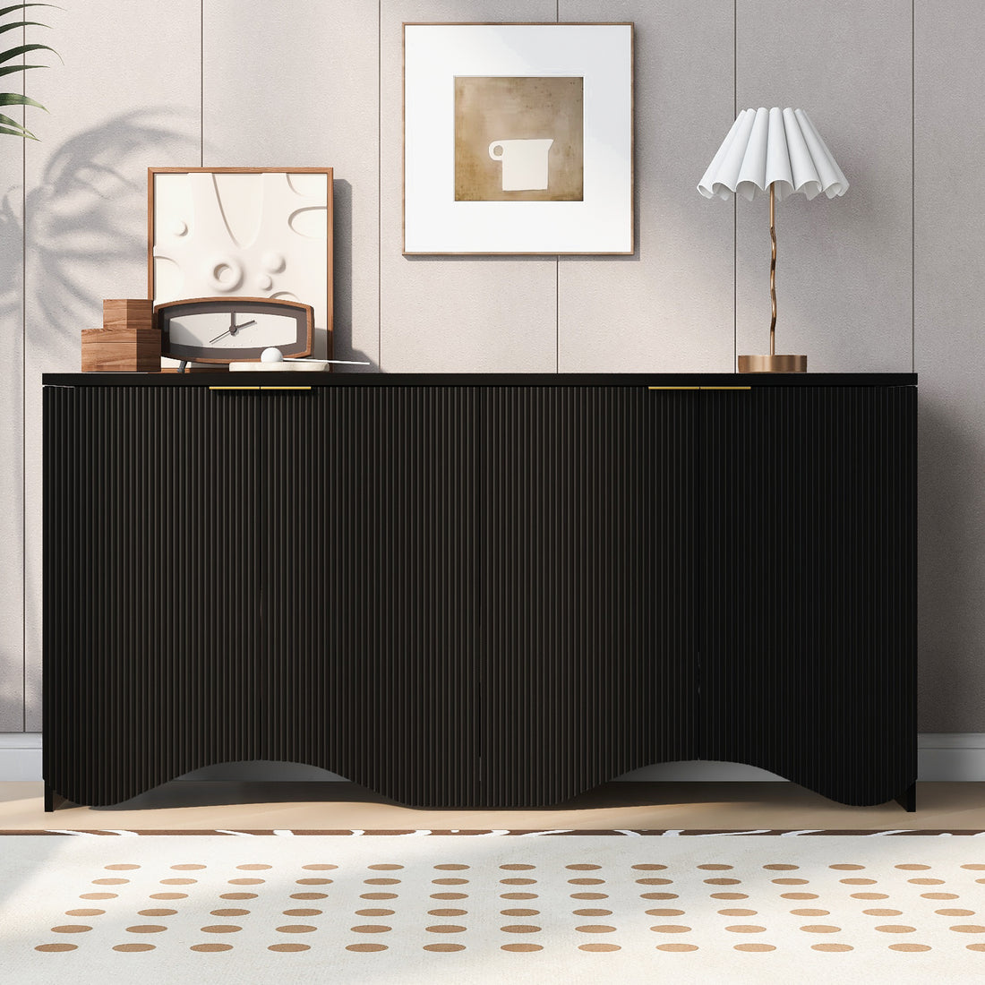 Vertical Stripes And Wavy Design Of A Four Door Cabinet Cabinet Suitable For Hallway, Entryway, Living Room 3 4 Spaces Black Primary Living Space Artsy Mdf