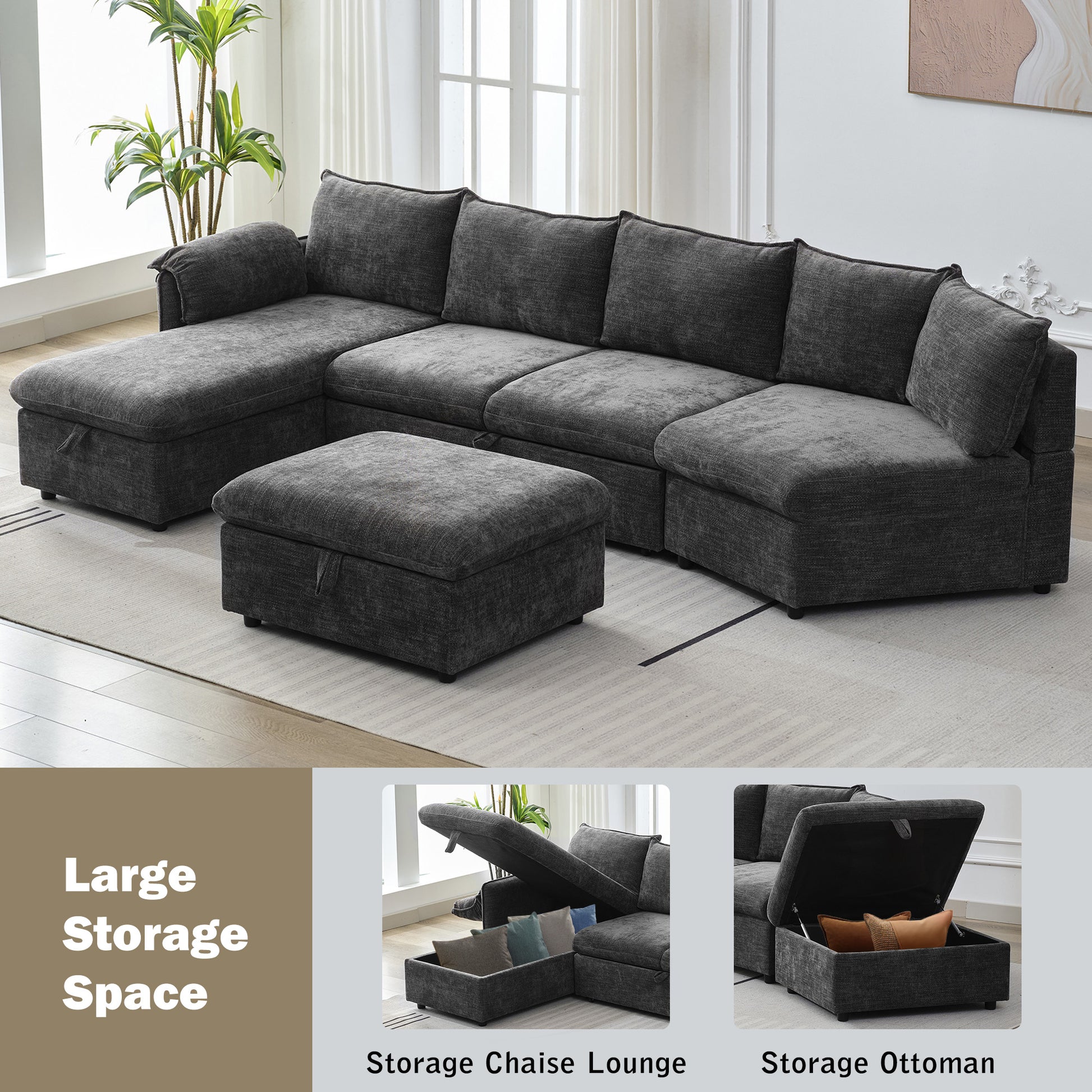 146.9" L Shaped Sofa Sectional Sofa Couch Pull Out Sofa Bed With A Movable Storage Ottoman, A Storage Chaise Lounge And Two Usb Ports For Living Room, Grey Grey Foam Linen 5 Seat