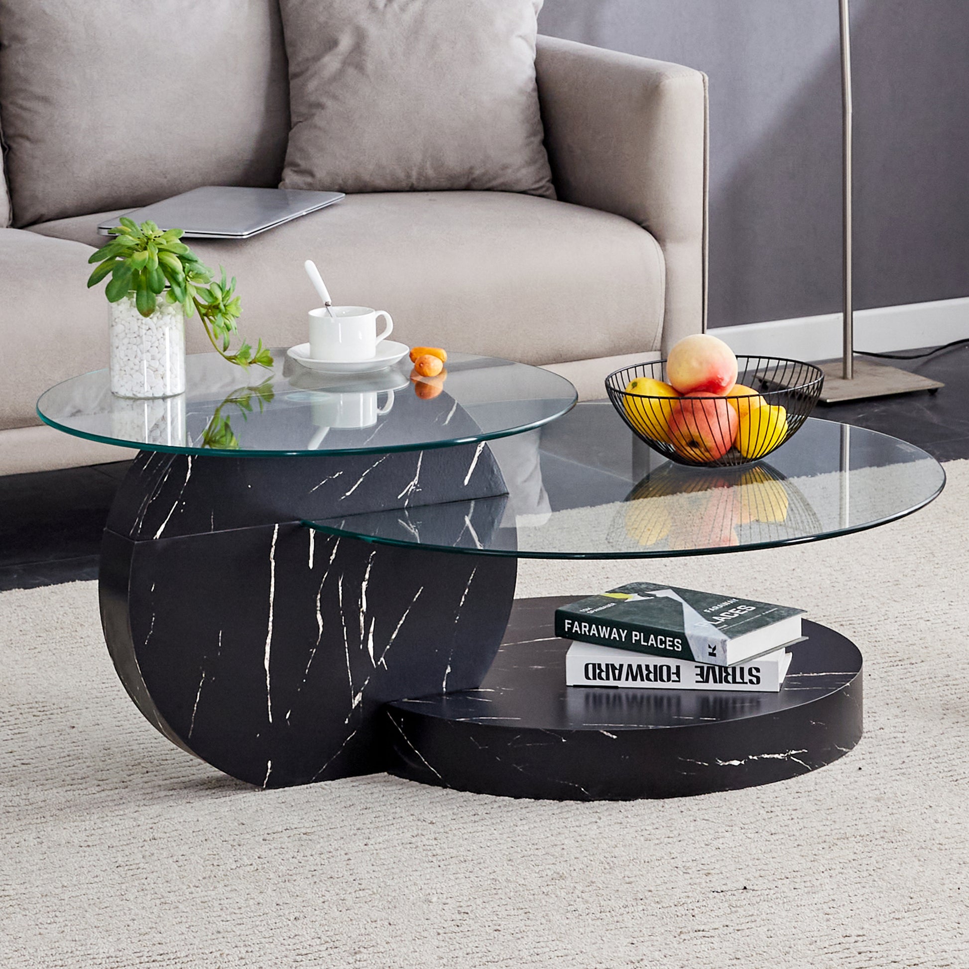 Modern And Practical Double Deck Round Table. Double Storage Space, Made Of Glass Tabletop And Mdf Table Legs. Suitable For Living Room And Bedroom And Dining Room. Black Mdf Glass