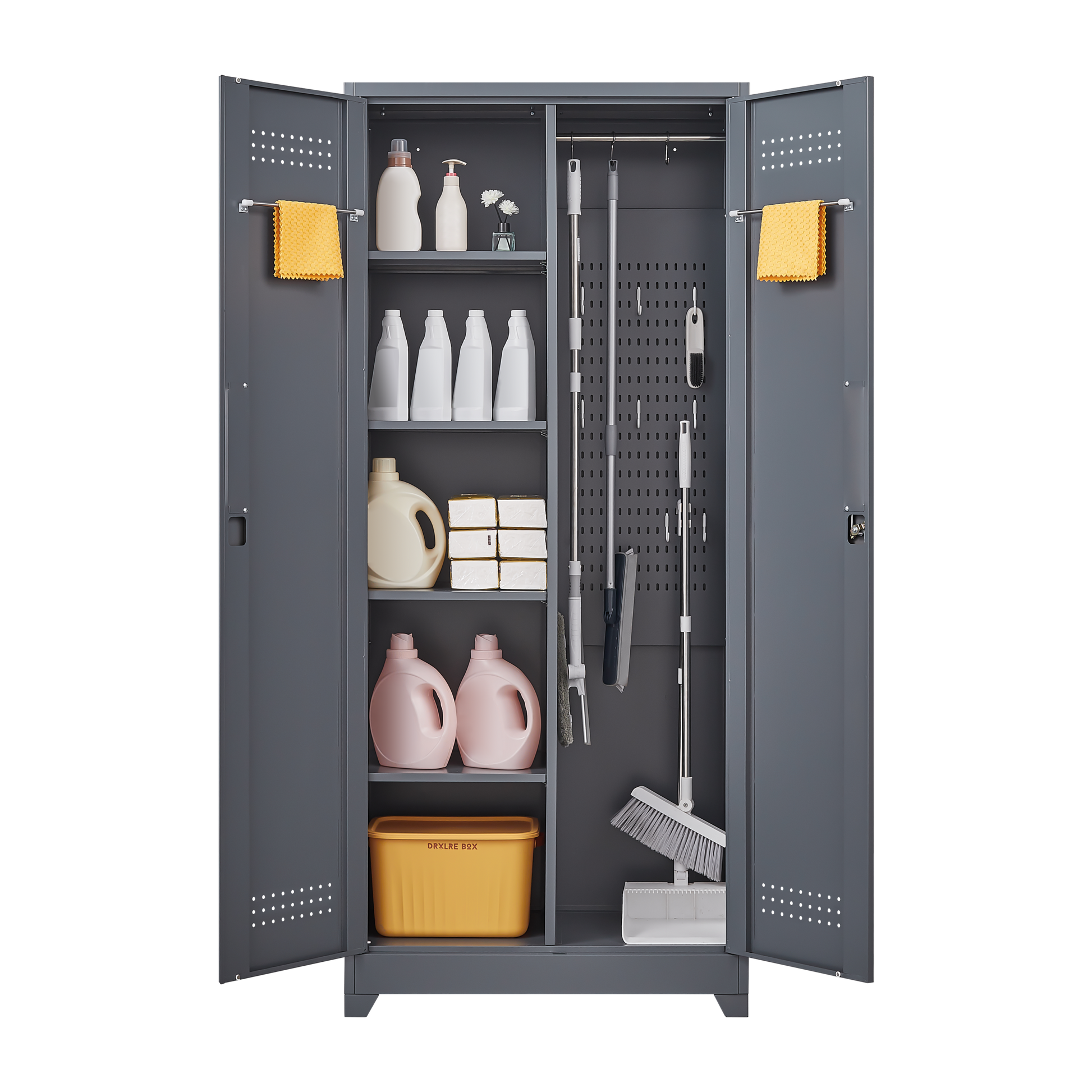 Metal Storage Cabinets, Cleaning Tool Cabinet With Locking Door, Tall Broom Tool Organizer And Storage, Large Storage Cabinet For Kitchen, Pantry, Office, Shop 3 4 Shelves Grey Door Locks Modern Metal