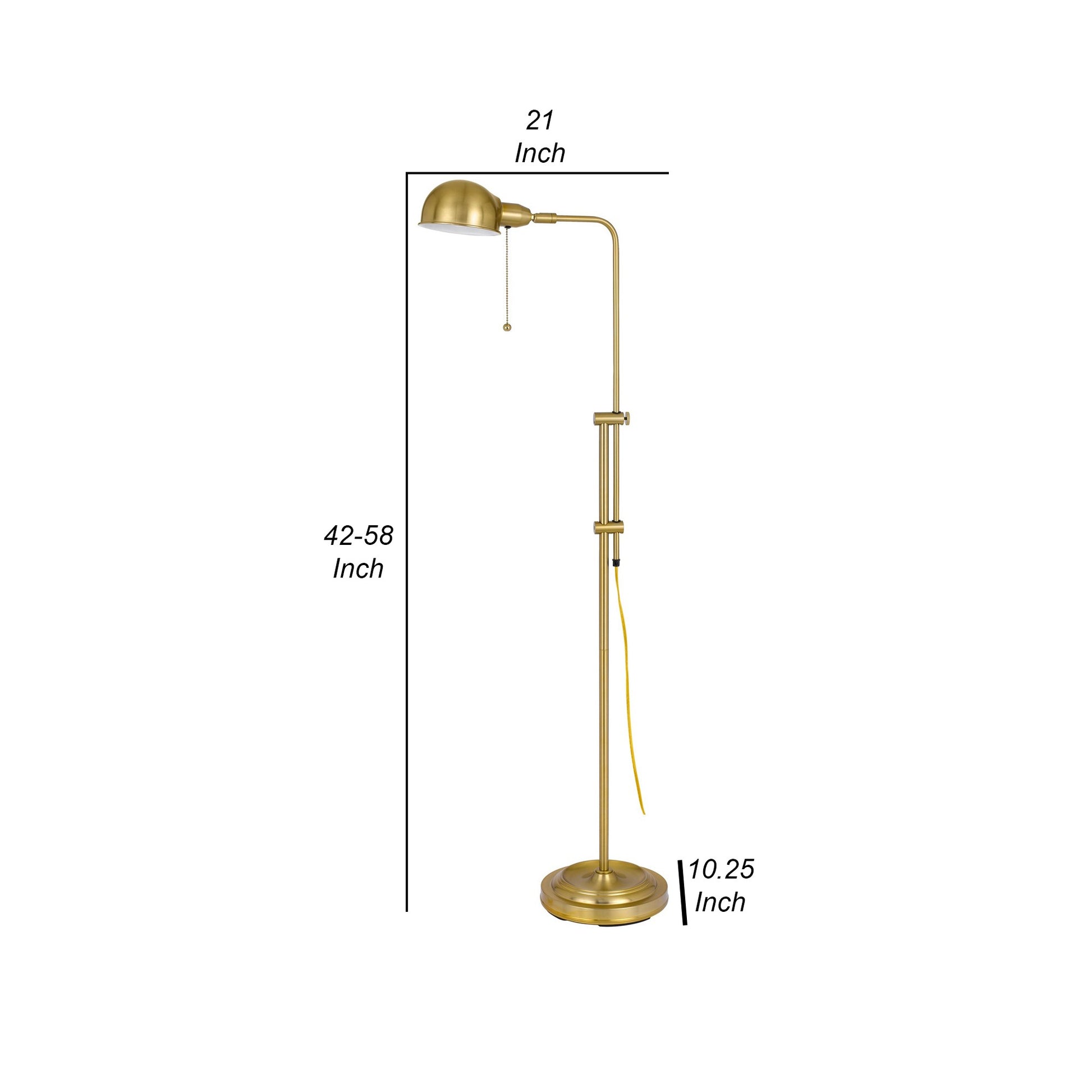 58 Inch Metal Floor Lamp, Adjustable Height, Chain Switch, Antique Brass Antique Brass Metal