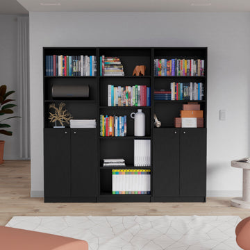 Arbor 3 Piece Home Bookcase Set, 74" Wide With 11 Shelves And Two Double Door Cabinetliving Room Set Set Black Freestanding 5 Or More Shelves Black Office Open Storage Space Particle Board