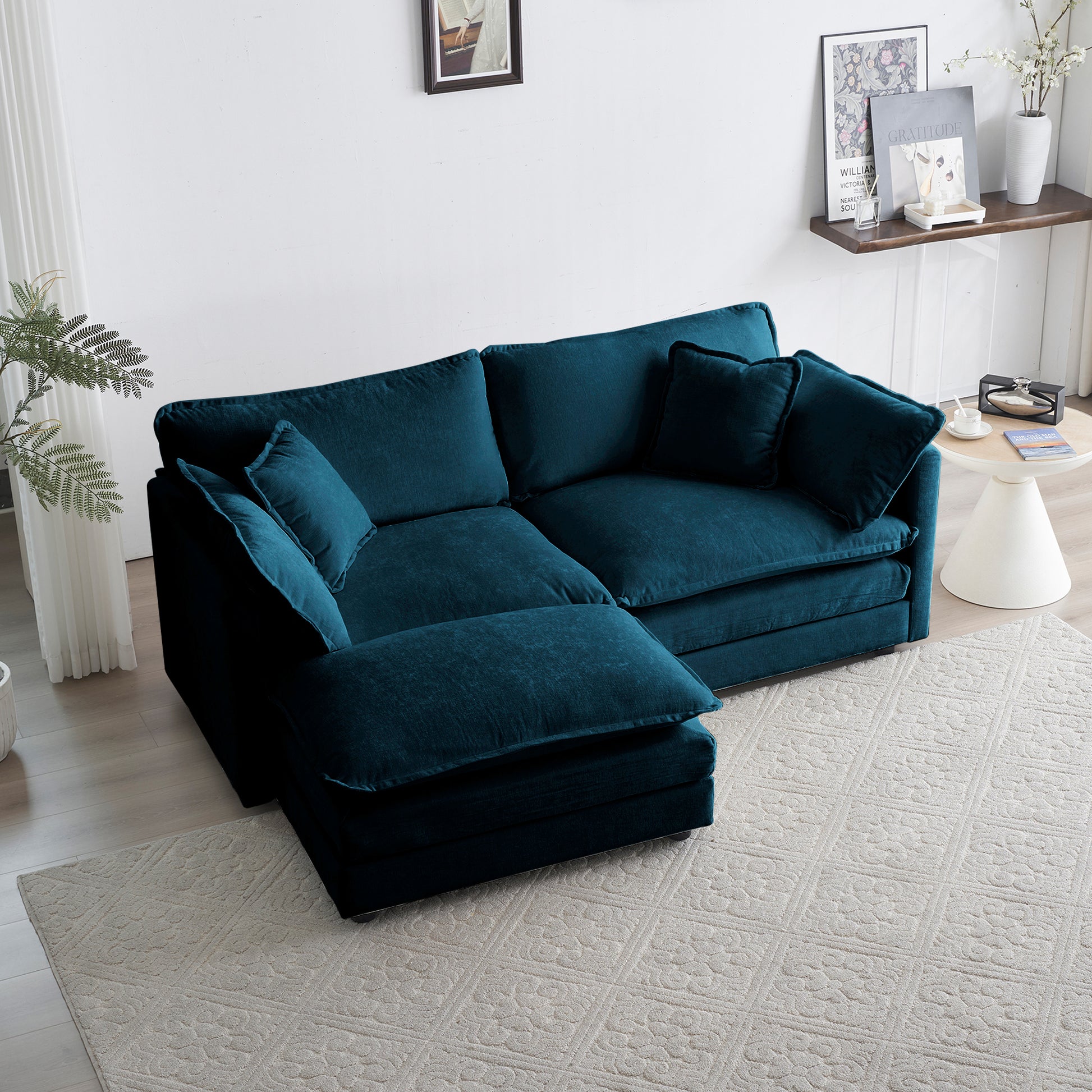 Chenille Two Seater Sofa With 1 Footrest, 2 Seater L Shaped Sectional With Ottoman,Loveseat With Ottoman For Small Living Space,Blue Chenille Blue Chenille 2 Seat