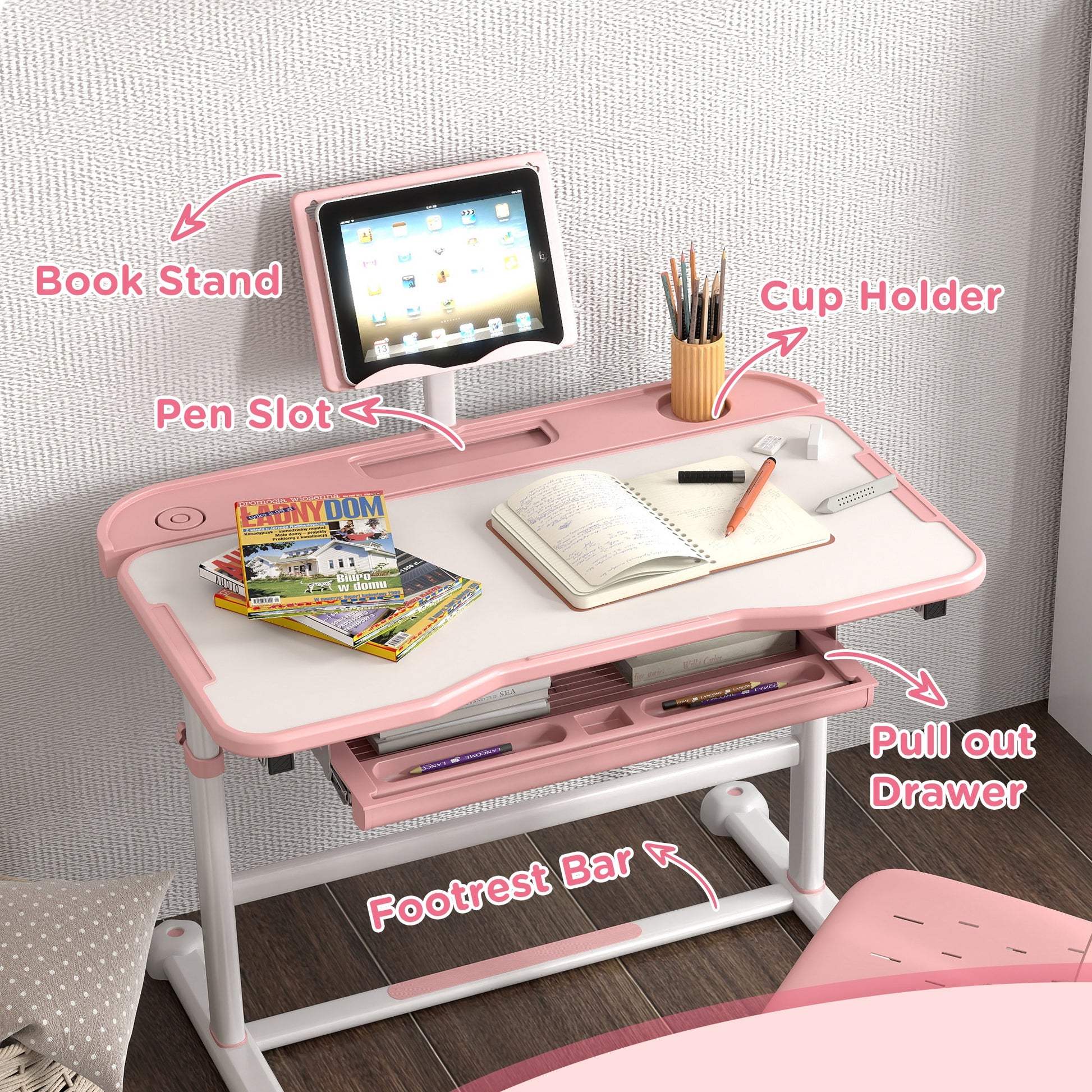 Qaba Kids Desk And Chair Set, Height Adjustable Kids School Study Desk And Chair Set With Tilt Desktop, Storage Drawer & Book Stand For Writing, Reading And Drawing, Pink Pink Plastic