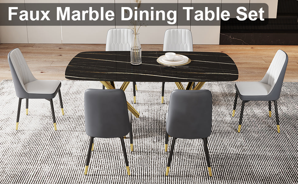 Large Modern Minimalist Rectangular Dining Table With 0.39 "Imitation Marble Black Tabletop And Golden Metal Legs, Paired With Chairs With Pu Cushions And Black Metal Legs. F 1538 C 007 Black Gold Glass Metal